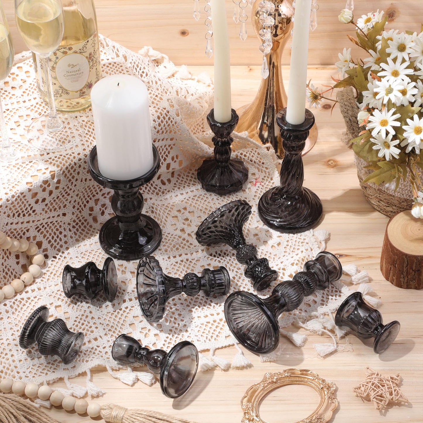 Mumufy 10 Pcs Glass Crystal Taper Candle Holders Clear Glass Candlestick Holder Fit 0.8 Inch Candles Crystal Decorative Candle Stand Centerpiece Table Wedding Dining Party (Classic,Black)
