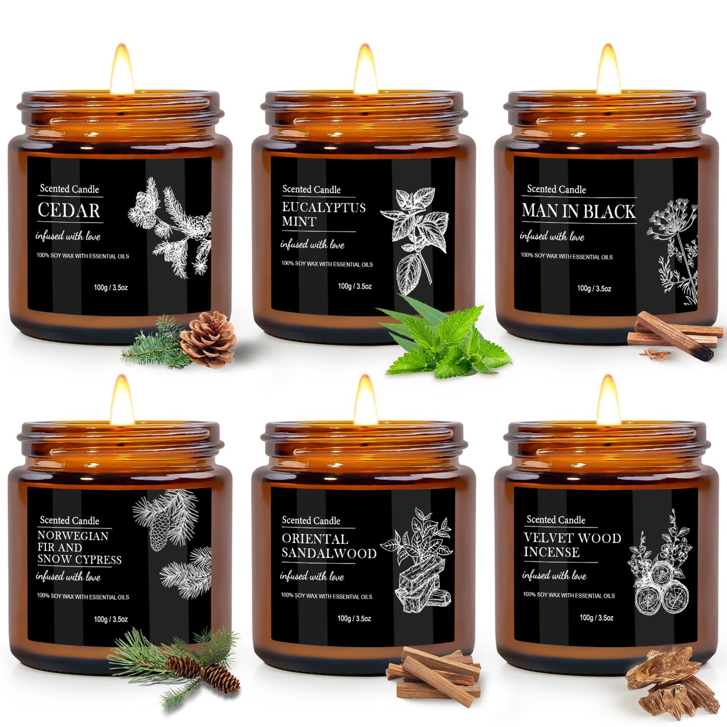 Scented Candles for Men | 6 Pack Candles for Home Scented, 150 Hour Burn Time Aromatherapy Christmas Candles Gifts for Men Birthday|Sandalwood Cedar |