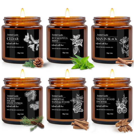 Scented Candles for Men | 6 Pack Candles for Home Scented, 150 Hour Burn Time Aromatherapy Christmas Candles Gifts for Men Birthday|Sandalwood Cedar |