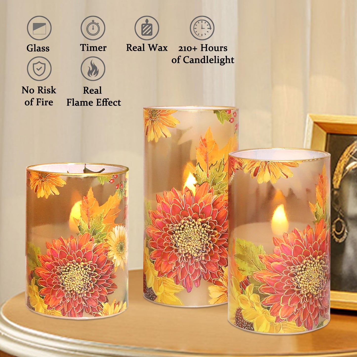 Silverstro Flameless Candles Chrysanthemum Decal with Remote & Timer - Real Wax Flickering Battery Operated Candles - Home Farmhouse Holiday Spring Decorations - Set of 3