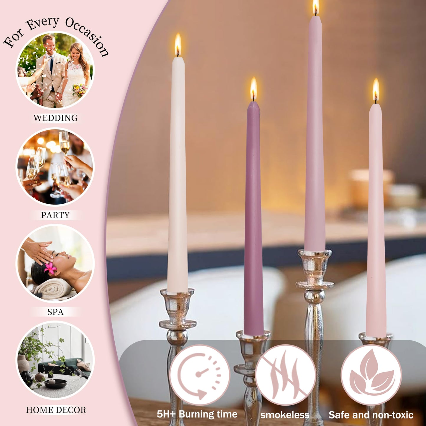 4 PCS Pink Taper Candles Rose Scented Long Pink Gradient Taper Candles Smokeless Candlesticks for Holiday Valentine's Decor Wedding Festival and Special Occasions,10 INCH