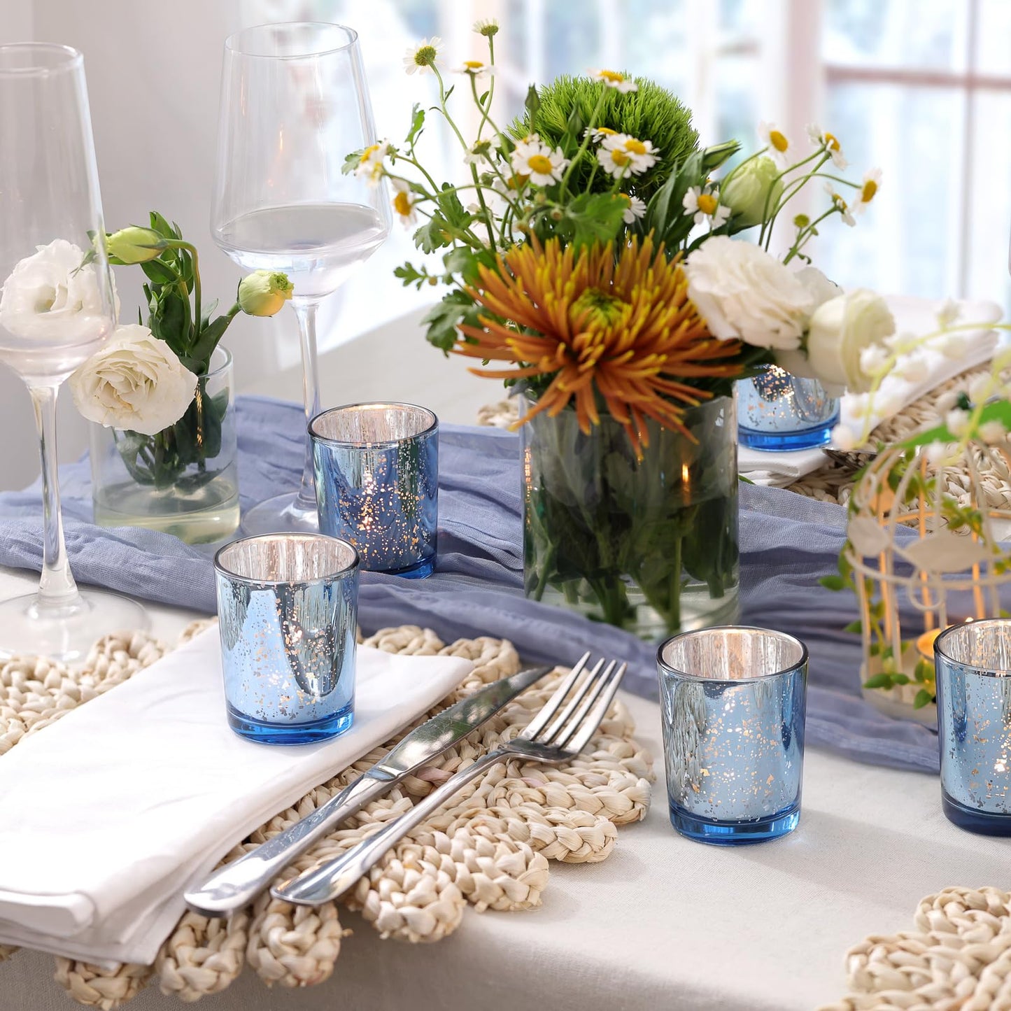 Volens Blue Votive Candle Holders Bulk, Mercury Glass Tealight Candle Holder Set of 12 for Wedding Centerpiece Table Decorations, Bridal Shower and Home Decor
