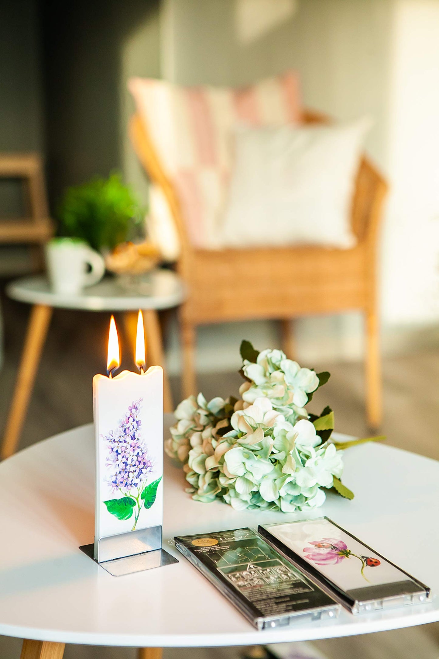Flatyz Hand Painted Flat Candle | Unscented, Dripless, Smokeless, Decorative | Texas Bluebonnet Flowers | Double Wick with Metal Base | Unique Gift Idea and Home Décor Accent