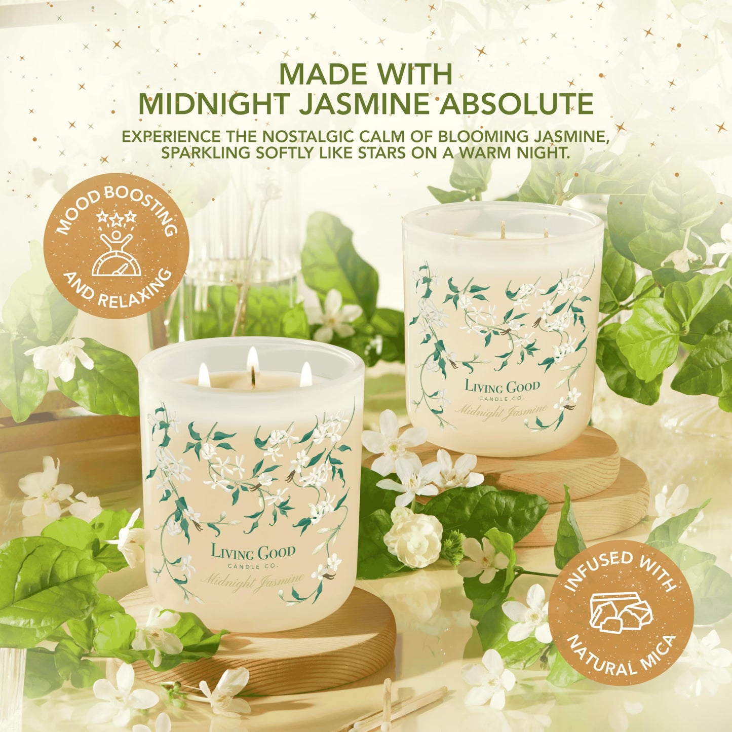 Midnight Jasmine Beeswax Candle - Nostalgic Soft Jasmine with Pink Pepper & Vanilla - Subtle & Refreshing - 90+ Hours of Clean & Non-Toxic Burn - Hand-Drawn Jar - Perfect Unique Gift - 15 OZ