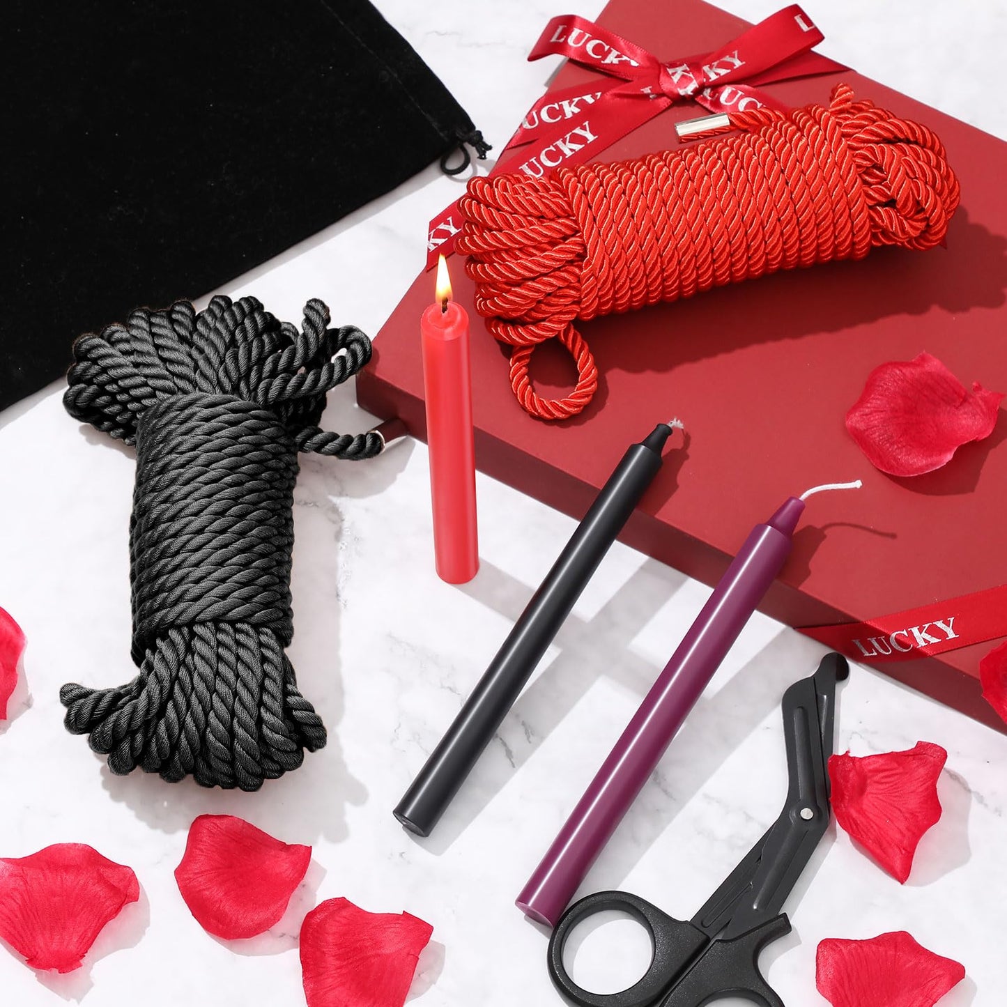 Tisancy 7 Pcs Decorative Accessory Kit - 3 Low Temperature Candles, 2 Soft Silk String, 1 Storage Bag and 1 Scissors, for Wedding Decor & Daily Use