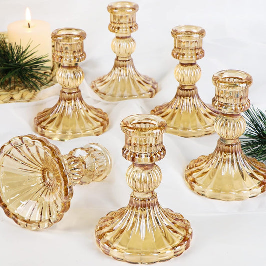 Taper Candle Holder Set of 6, Gold Candle Holder & Vintage Candlestick Holder, Glass Candlestick Holder for Table Centerpieces, Fall, Christmas, Autumn, Thanksgiving Decor