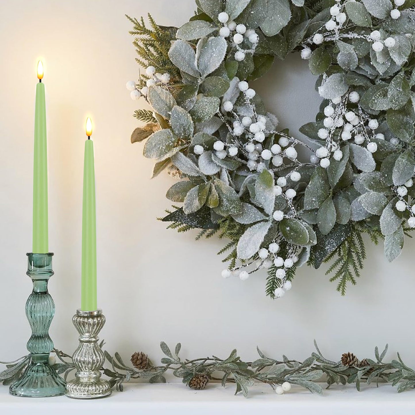 CVHOMEDECO. Flameless Taper Candles with 10-Key Remote, Battery Operated Led Flickering 3D Wick Window Candles Real Wax Finished Home Christmas Party Decor 0.78 x 11 Inch, Pack of 2, Light Green