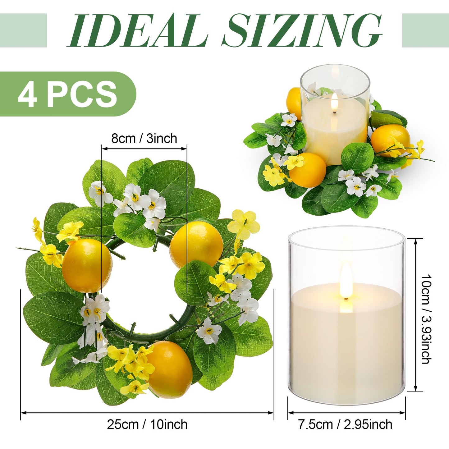 Yunlly 4 Pcs Artificial Lemon Candle Rings Wreaths Decorative Greenery Candle Holder with Yellow Lemons and White Flowers with LED Flameless Candles for Farmhouse Summer Wedding Home Table Centerpiece