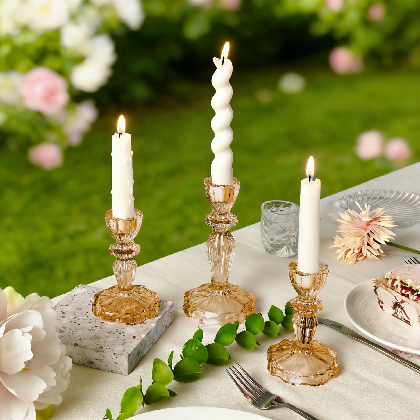 CHOCSTAY Glass Candlestick Holders Set of 3, Amber Stripe Taper Candle Holders for Table Centerpiece, Home Decorations, Wedding and Party