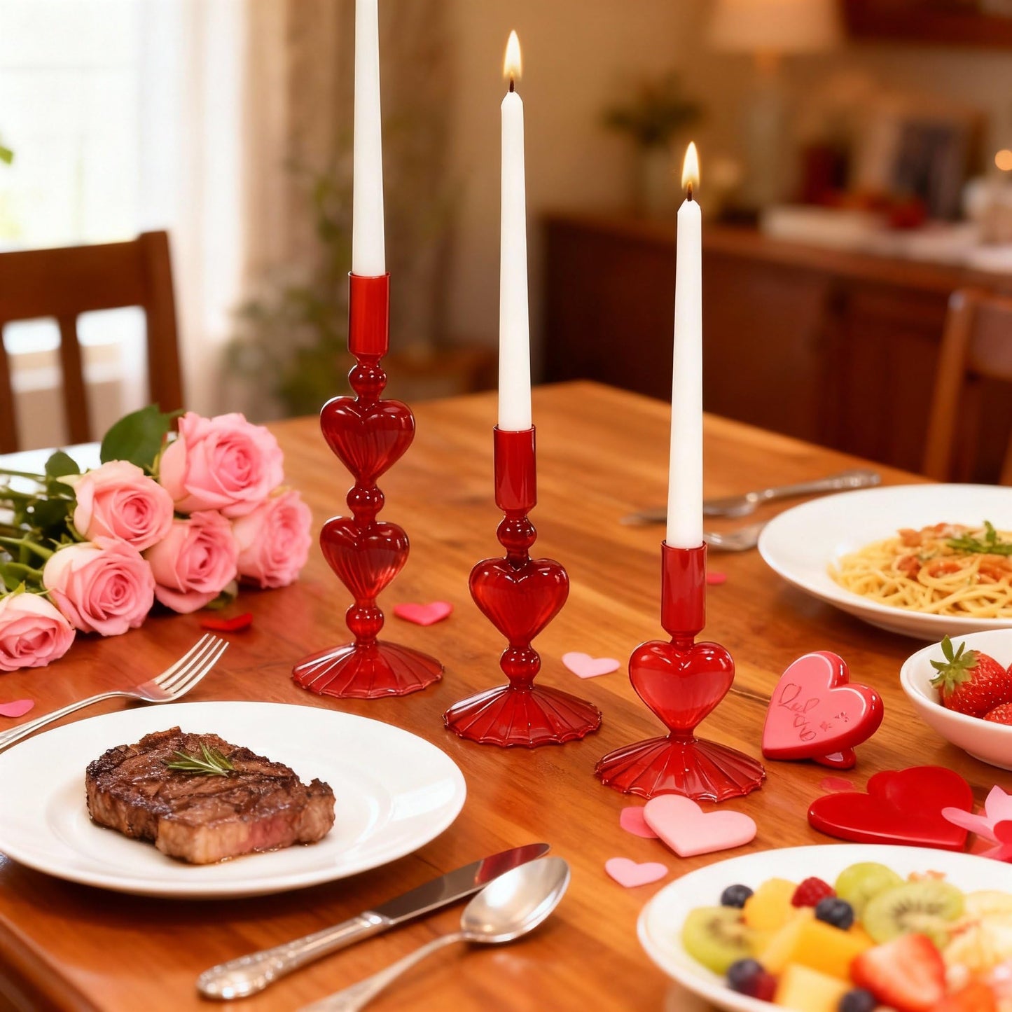 Mumufy 3 Pcs Valentine's Day Glass Candlestick Holders Heart Glass Taper Candle Holder Valentines Heart Candle Stick Vase Decor for Galentine's Day Wedding Festival Party Table Centerpiece(Red)