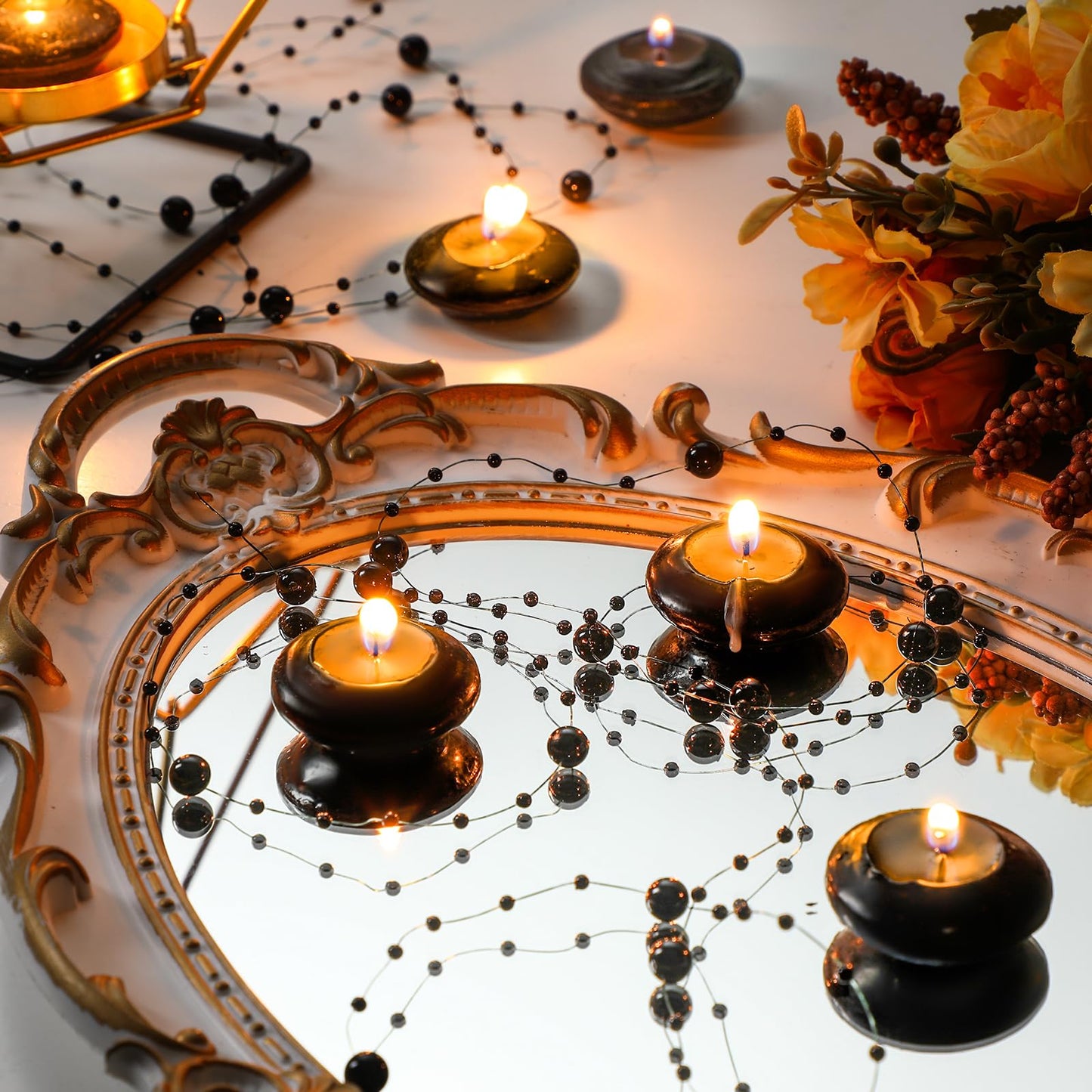 Fumete 40 Pcs Black Floating Candles with Pearl Strings, Small Unscented Floating Candles Centerpiece for Night Events, Gothic Party Table Decor, Wedding, Anniversary, Birthday, Modern Home Decor
