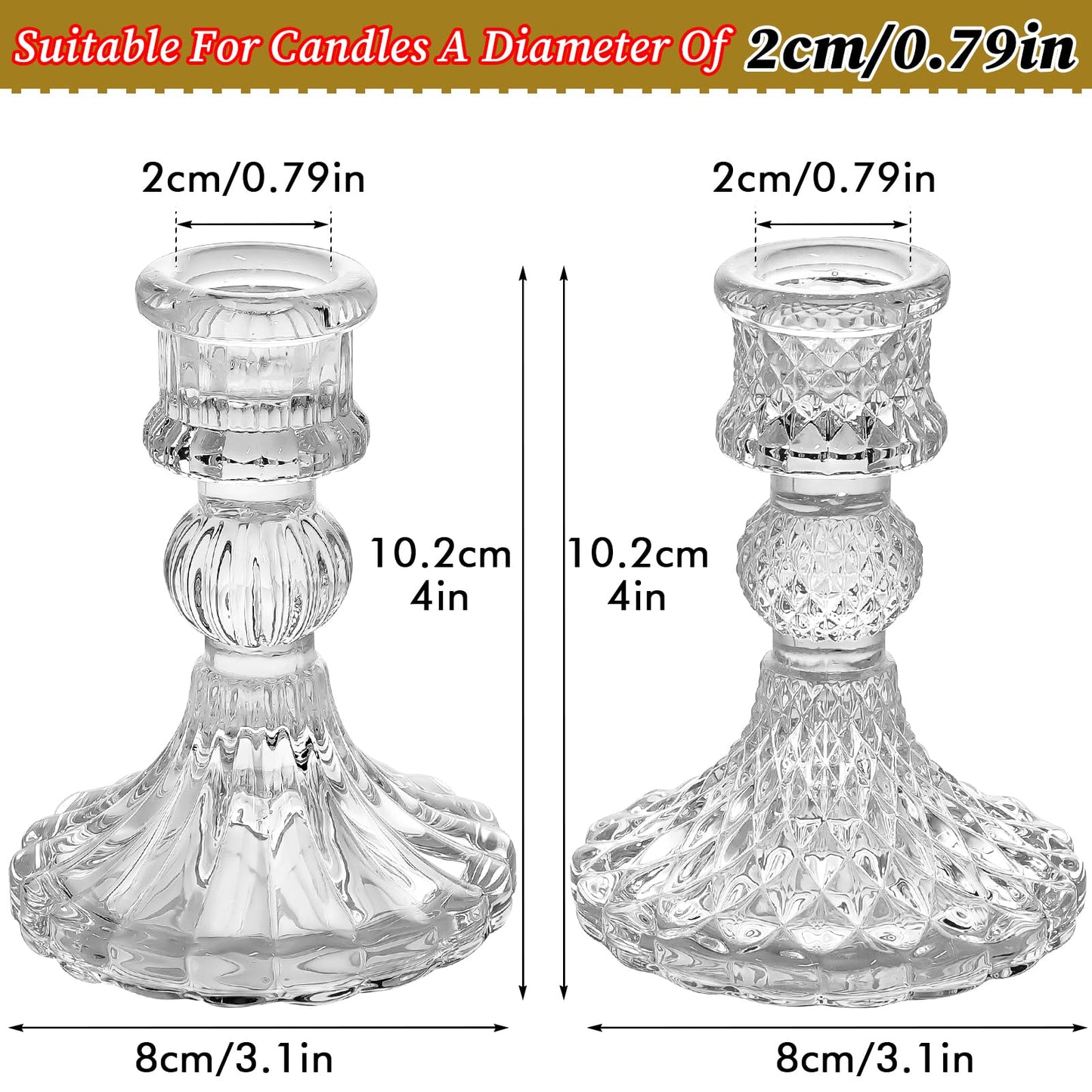 Clear Glass Candlestick Holders,8 pcs Set Include Taper Candle Holders and Stripe Candle Holders,Two Style for Formal Events, Wedding, Festival,Church, Party & Festival Decoration