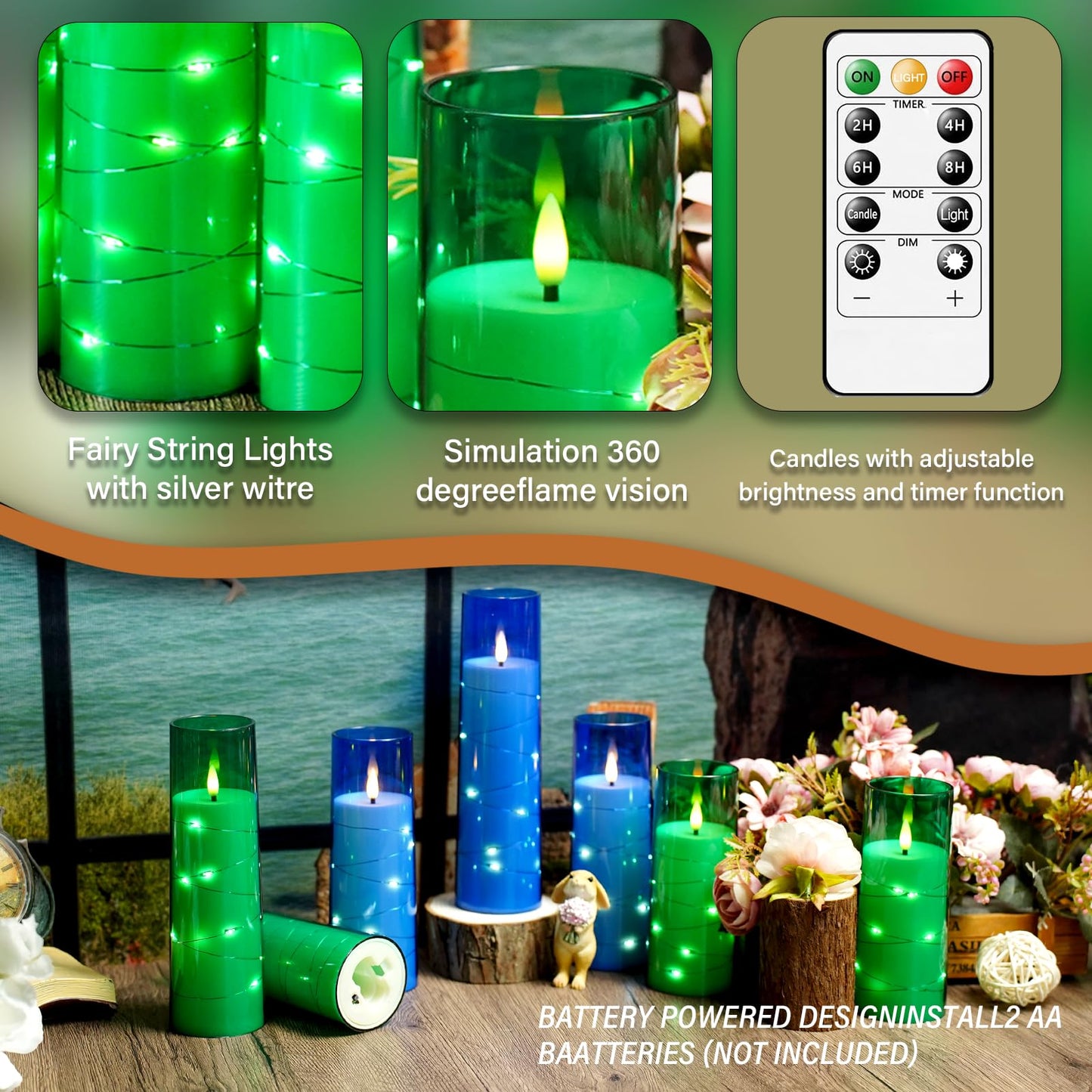 kakoya Flameless LED Candles with Timer 9 Pc Flickering Flameless Candles for Romantic Ambiance and Home Decoration Stable Acrylic Shell,with Embedded Star String，Battery Operated Candles（Green）