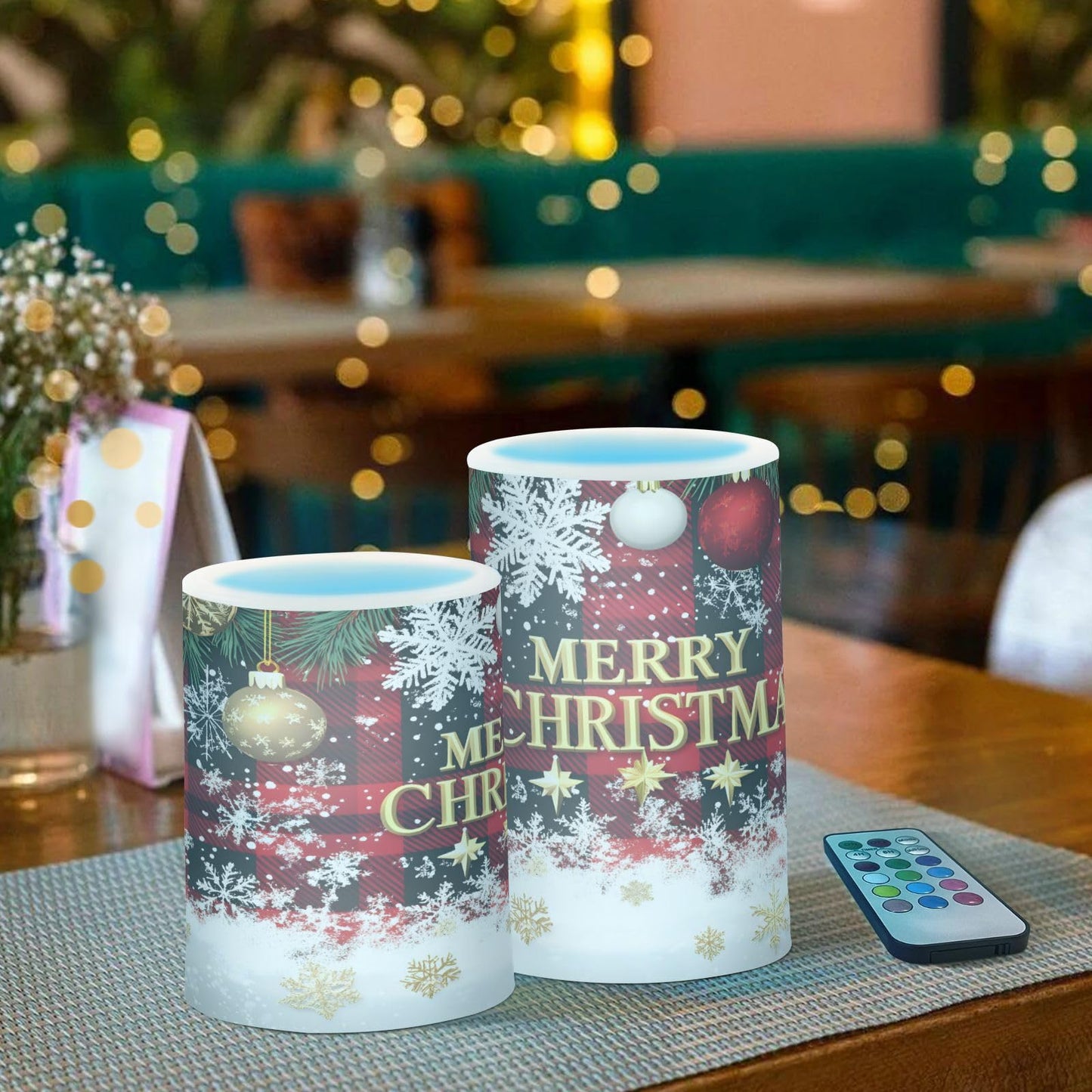 ALAZA Christmas Flickering Flameless Candles Buffalo Plaid Check Snowflake Battery Operated with Remote Timer,Tea Light Candles LED Pillar Votive Candles Set of 2 for Outdoor Indoor Xmas Decorations
