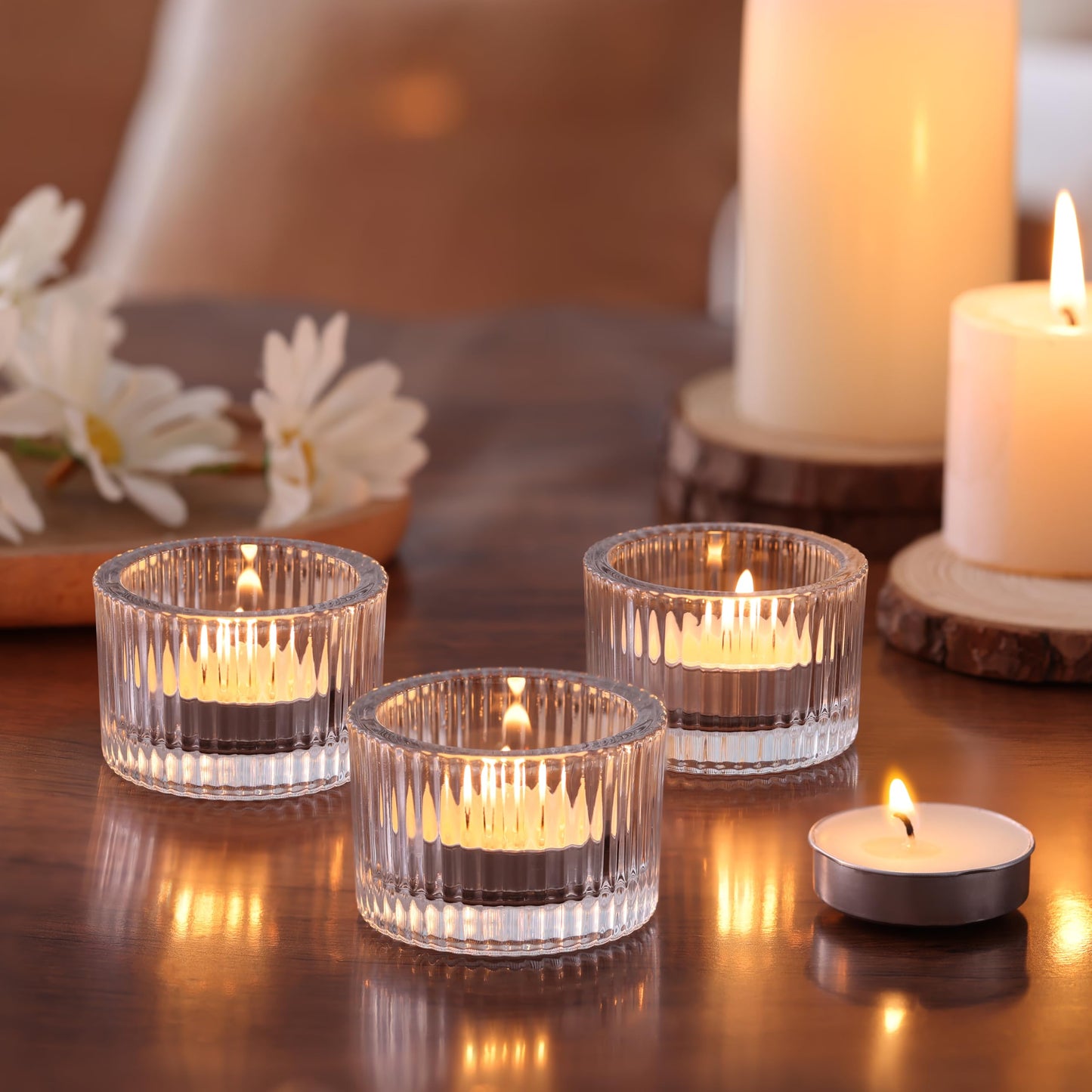 NITIME 30Pcs Clear Tealight Candle Holder with 32pcs Tea Light Candles, Ribbed Votive Candle Holders Glass for Table Centerpiece, Wedding Decor, Home and Holiday Decor