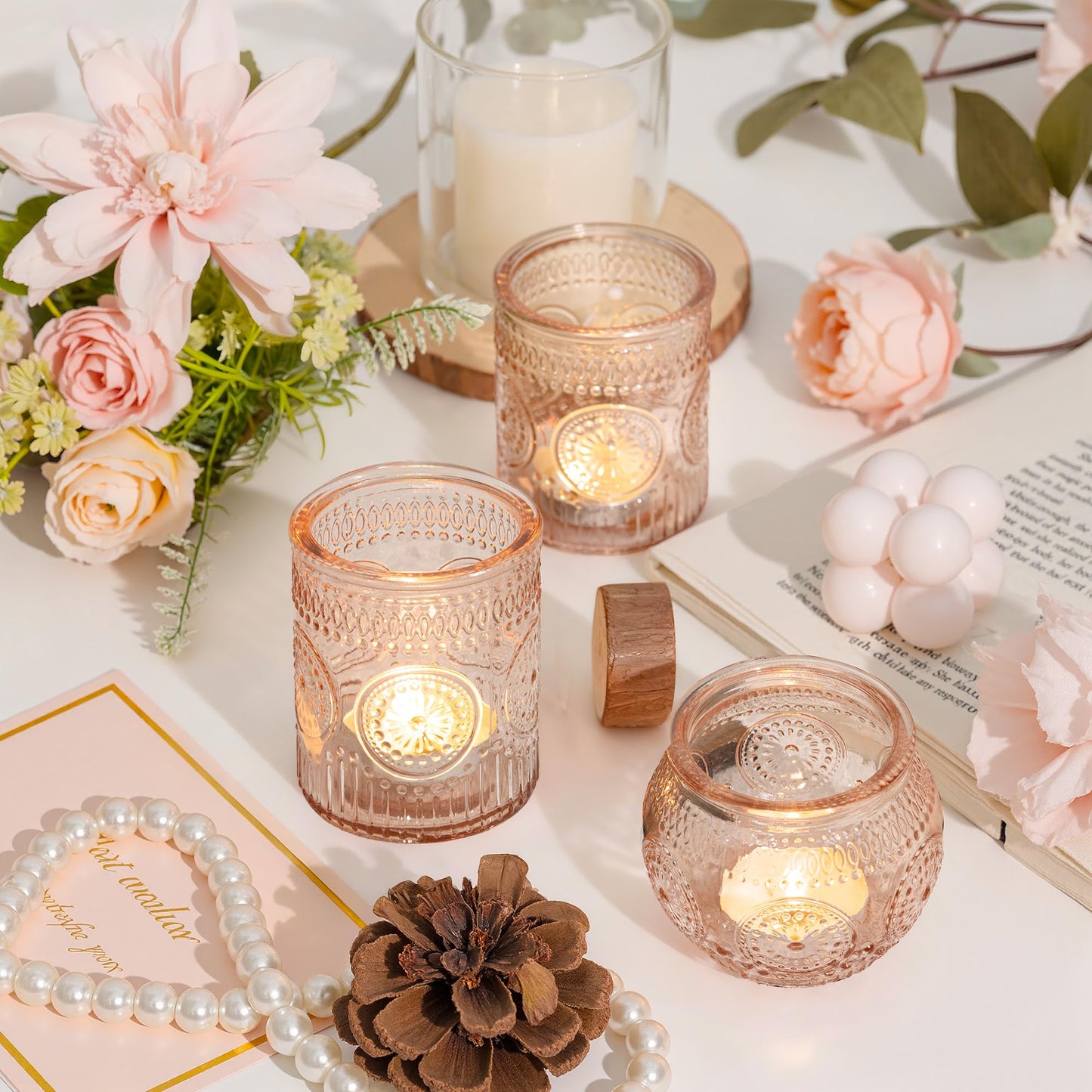 WELLIFE 24-Piece Pink Glass Votive Candle Holders Set – Tealight Candle Holder Glass Bulk with 12 Round & 12 Sunflower Textured Cups, Pink Votive Candle Holders for Weddings, Parties, Home