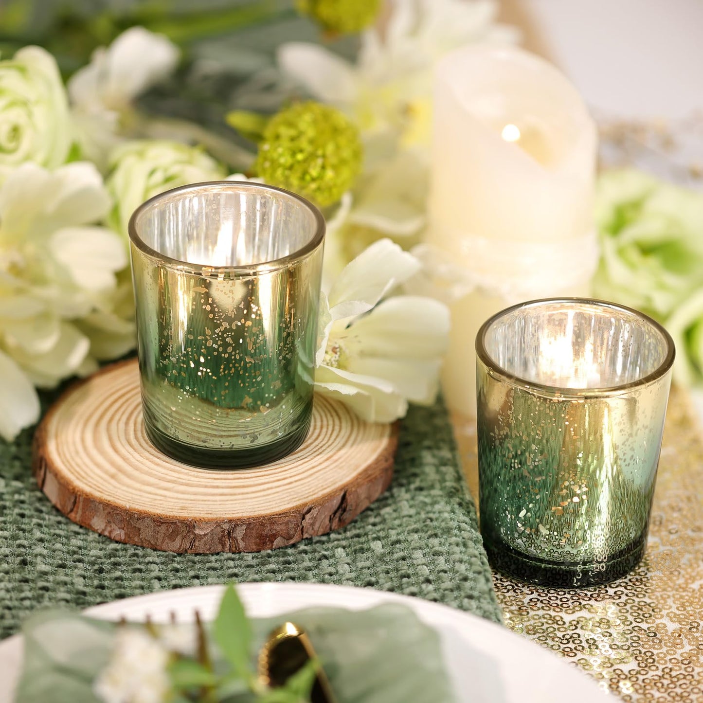 Volens Green Votive Candle Holders Set of 12, Speckles Mercury Glass Tealight Candle Holder Bulk for Table Wedding Centerpiece, Green and Gold Party Decorations & Home Decor