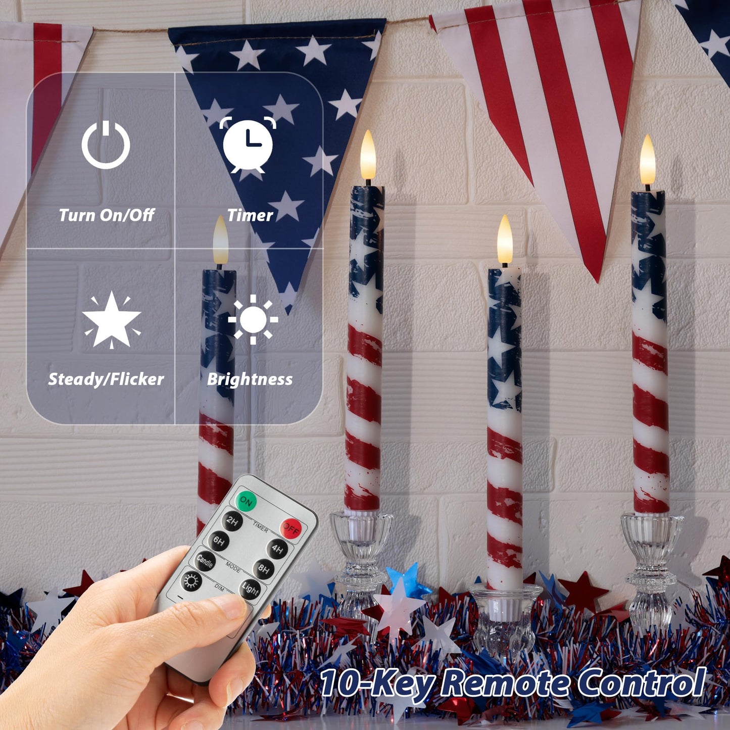 SEHNSY 4th of July Flameless Taper Candles with Remote and Timer, Real Wax Red White and Blue American Flag LED Candles, 250th Anniversary Patriotic Battery Operated Taper Candle Set