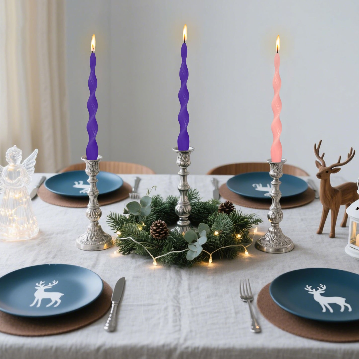 NJAO HOO Advent Purple Pink Spiral Taper Candles 10 Inch Twisted Christmas Candlesticks Unscented Ripple Tapered Candles Set for Dinner Table Party Wedding, 4 Pcs