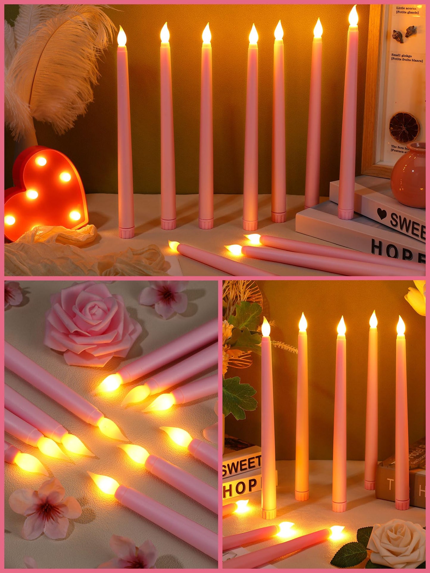 Treela 24 Pcs Flameless Taper Candles Battery Operated Bulk Fake Candles Light LED Candle Sticks Flickering Tapered for Easter Wedding Anniversary Decoration(Basic,11 Inch,Pink)