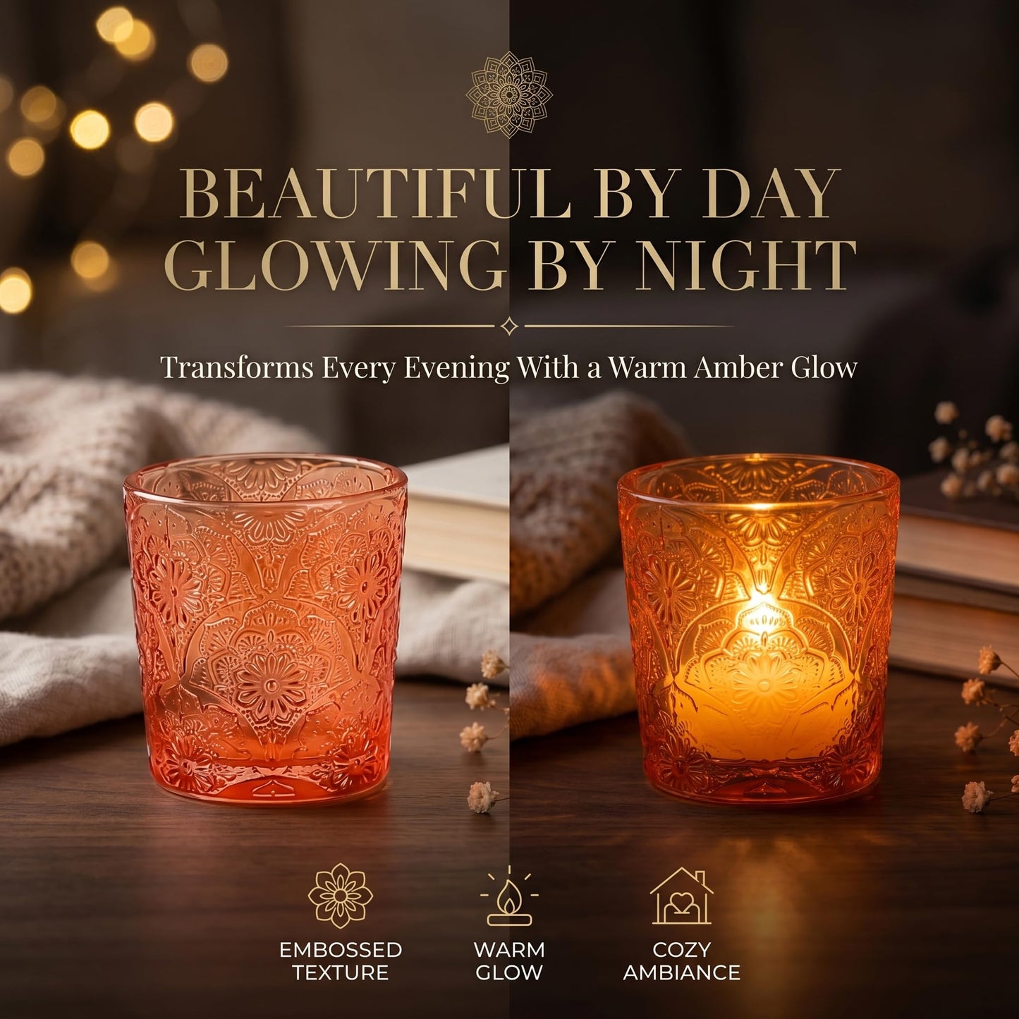 6 Pack Mandala Embossed Glass Candle Holders – Votive Tealight Holders with Patent Design, Decorative Embossed Glass Cups for Wedding Centerpieces, Parties, and Home Décor (Pumpkin Spice)