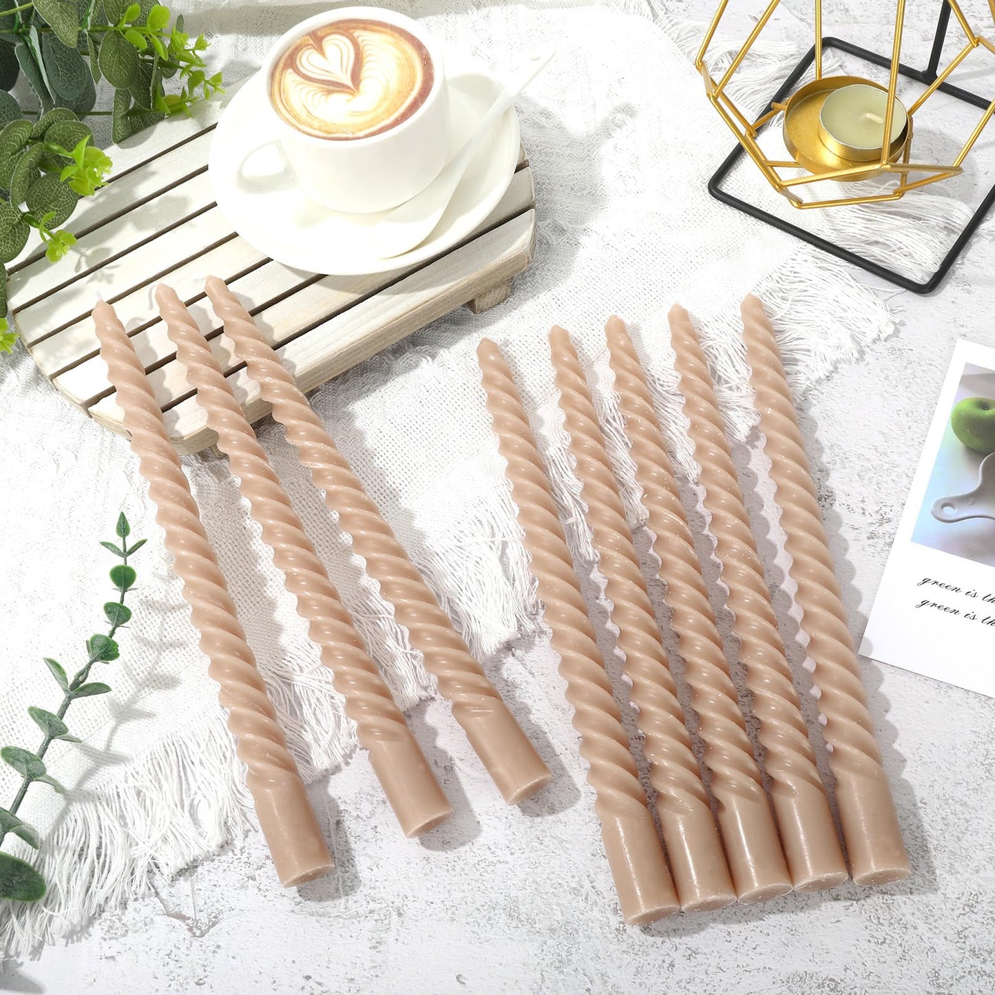 Whaline 8 Pcs 10 Inch Sahara Beige Spiral Taper Candles Dripless Twisted Wax Candles Long Unscented Candlesticks for Wedding Holiday Celebration Home Party Dining Table Supplies