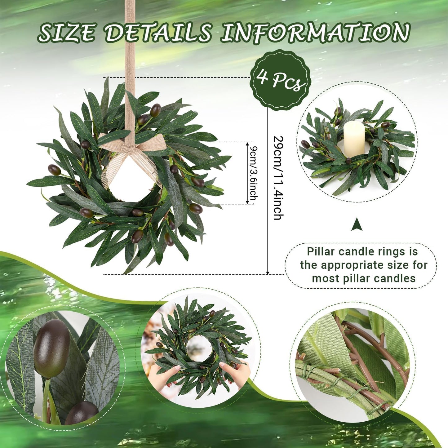 4 Pcs Artificial Green Olive Candle Rings Wreaths Greenery Wreath with Olive Leaves Spring Summer Kitchen Cabinet Wreath for Pillars Farmhouse Festival Wedding Celebrations Tabletop Decoration