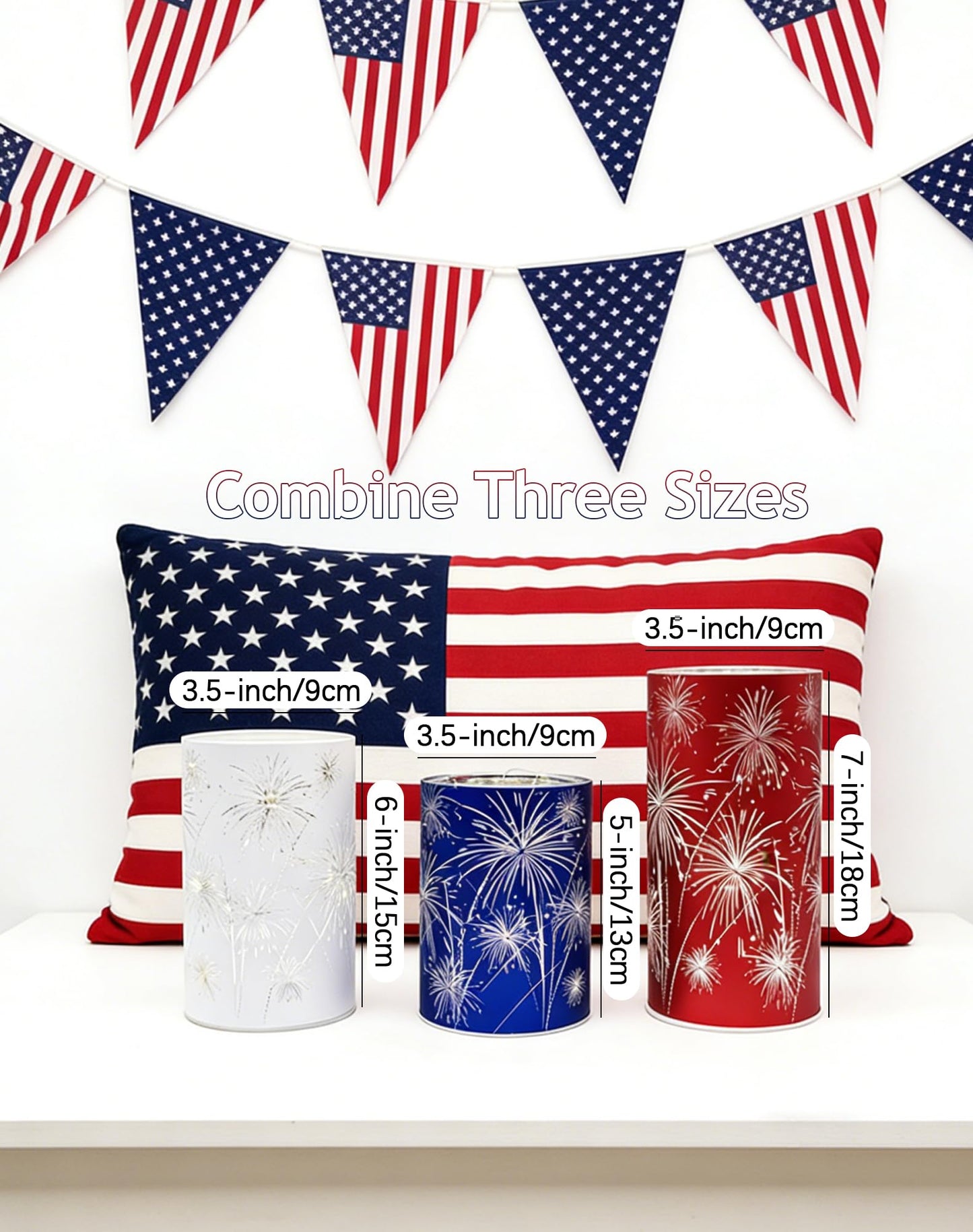 Set of 3 Celebration Fireworks Glass Hurricanes, New Etched Firework Starburst Glass Hurricane Lamp with LED Lights, 250 Anniversary America Centerpieces for Mantel, Dining Table (Warm Light-B)