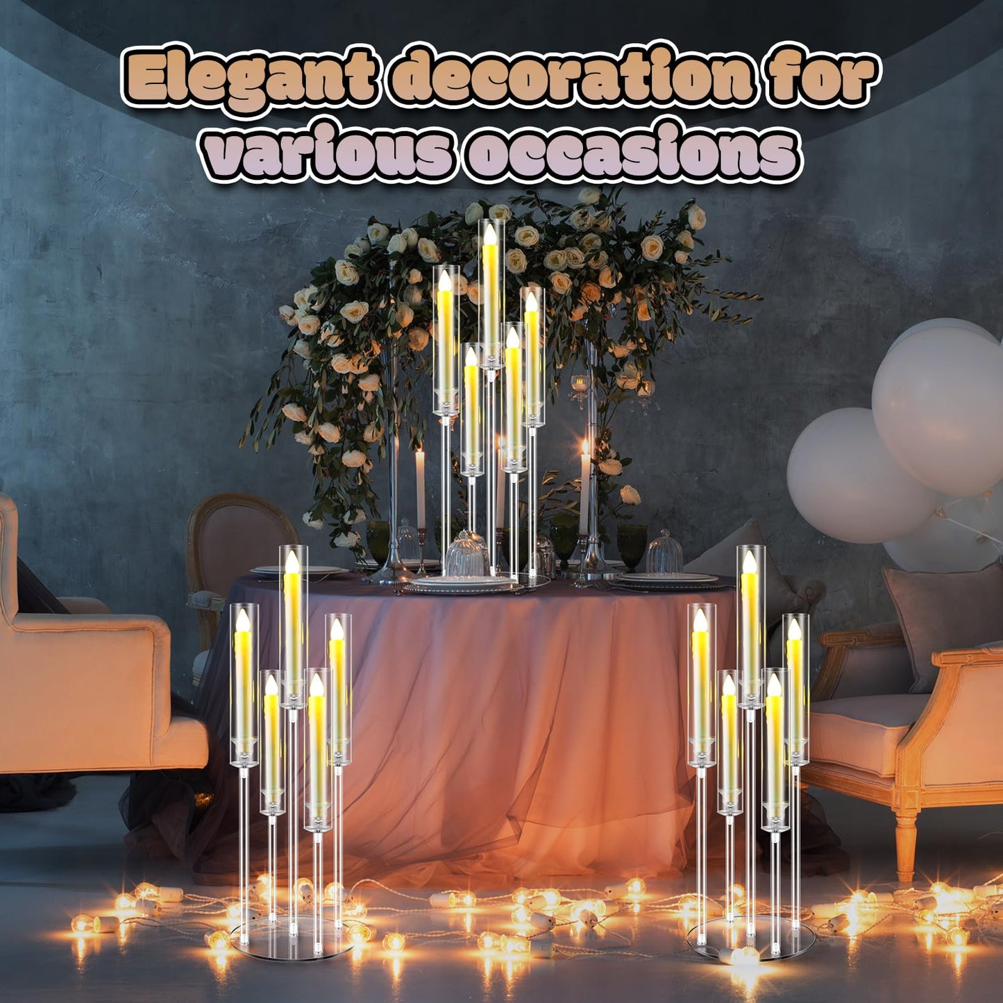 FoldTier 4 Sets 5 Arm Acrylic Candelabra Holder for Wedding Table Centerpiece 27inch Tall Floor Clear Candle Centerpieces with LED Candles and Shade for Proposal Ceremony Birthday Party Home Decor