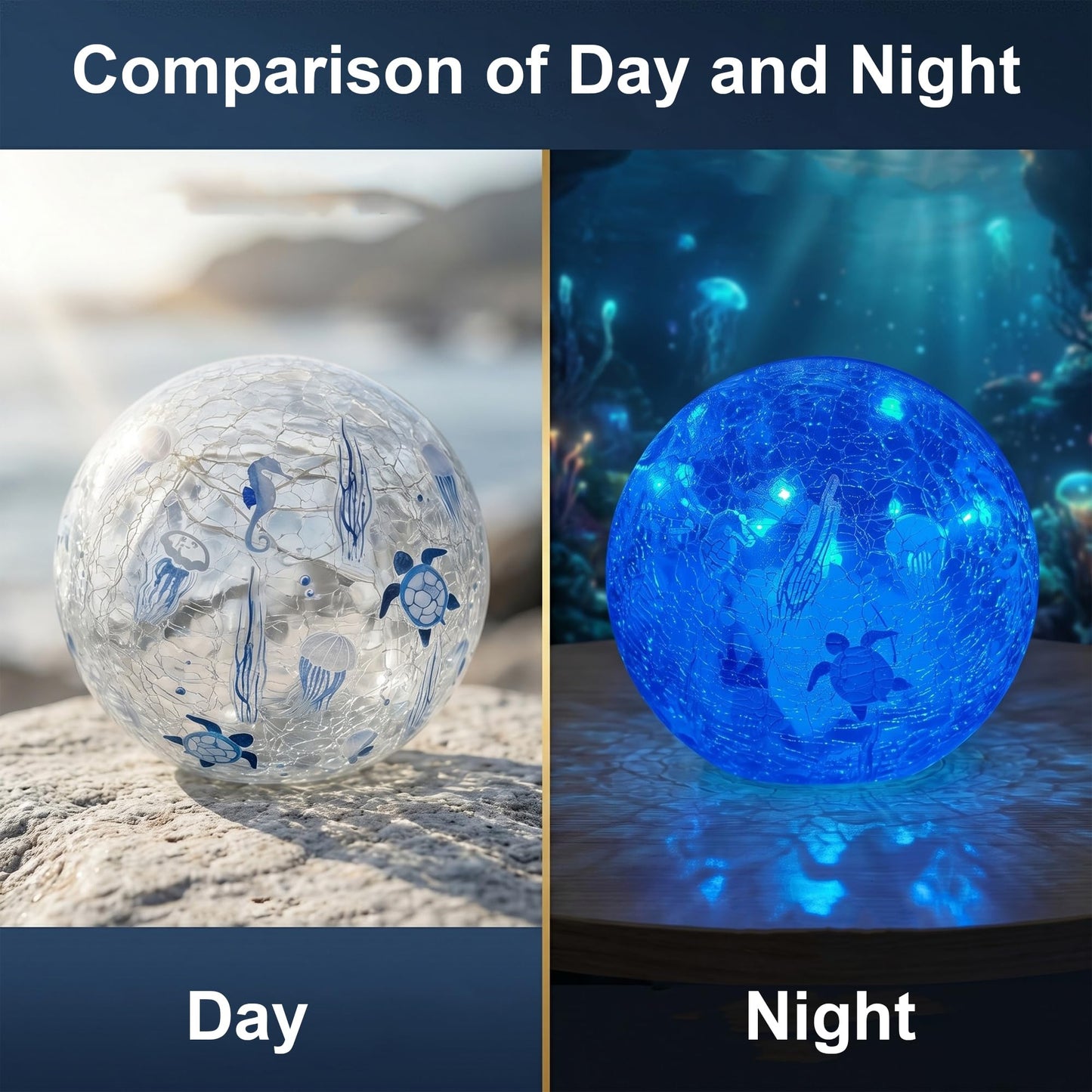 3PCS Summer Decorative Lights, 3.93 Inch Summer Desktop Decoration LED Night Light, Christmas Gift, Birthday Gift, Cracked Glass Ball Light with Timer, Desktop Decoration (Turtle)