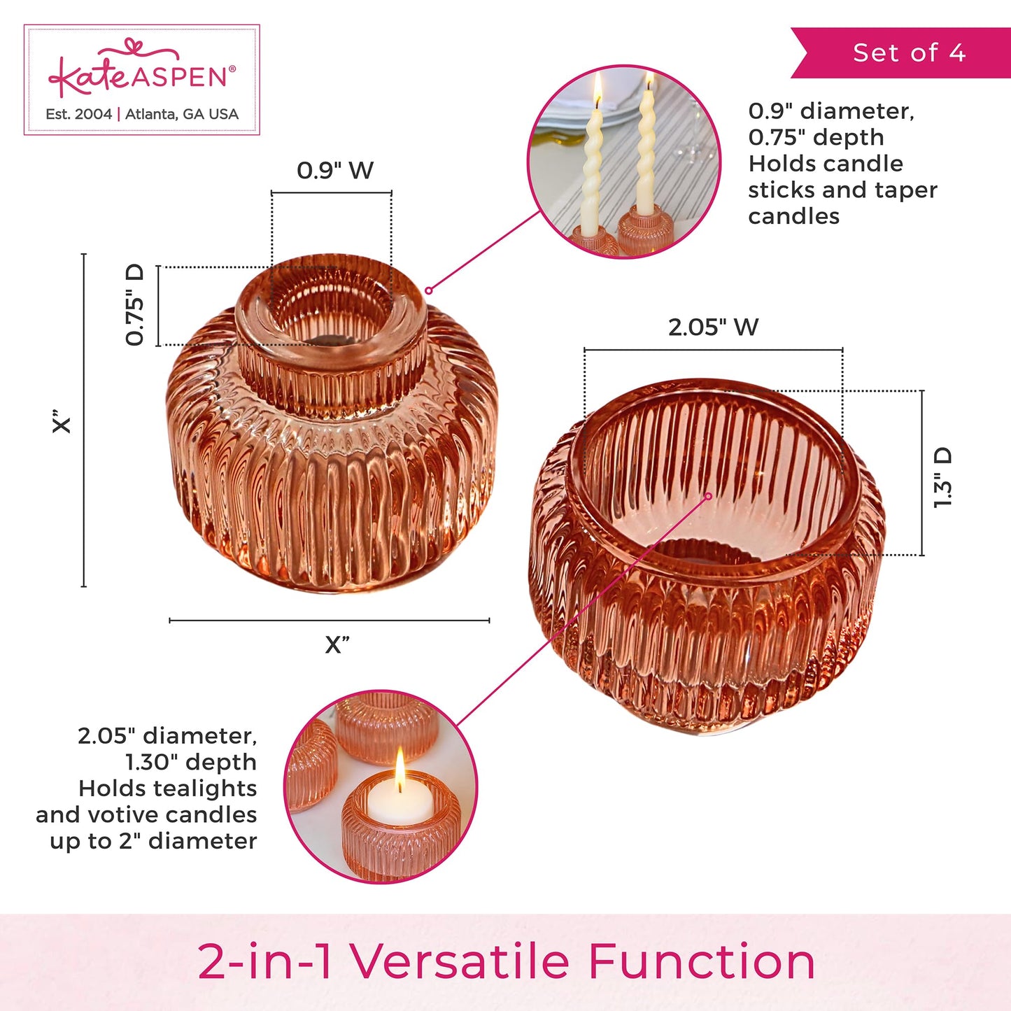 Kate Aspen Rose Gold Taper Candle Holders for Candlesticks Set of 4, Ribbed Glass Candlestick Holders, Votive Candle Holder Decor Accents, Pink Room Styling, Wedding & Home Centerpieces, Table Decor