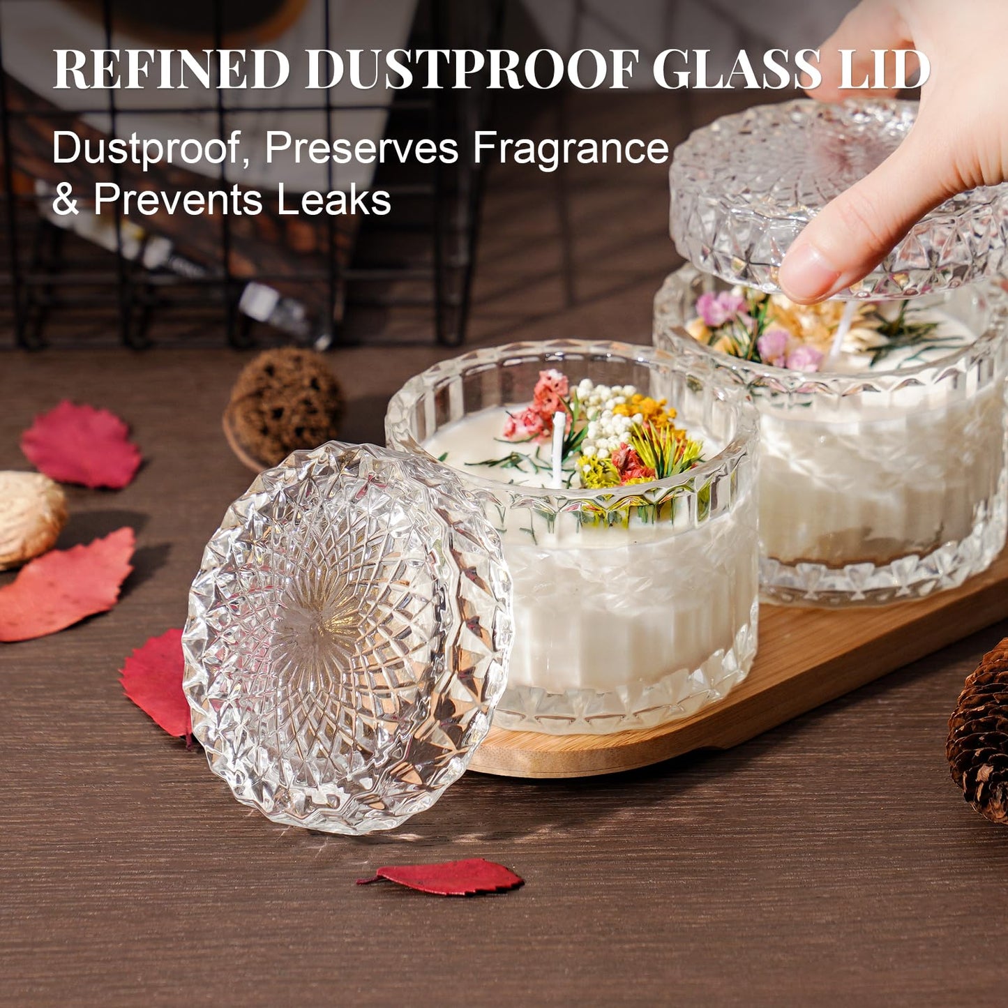 NiHome 8OZ Glass Candle Jar with Lid 6PCS, Multi-Purpose Storage Unique Embossed Design for Home Decor, Storage & Special Occasions, Premium Quality Heat-Resistant & Aroma Preserving for Candle Making