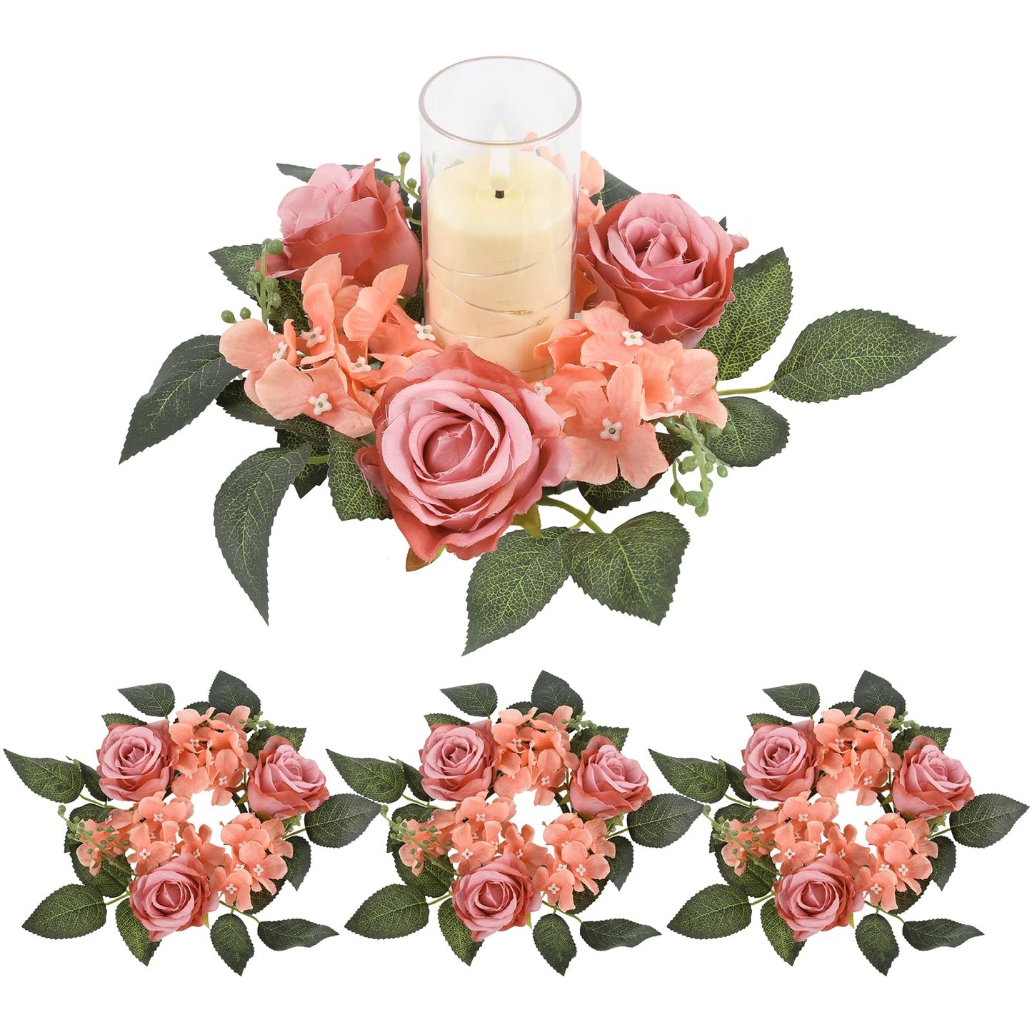 UUXX 4pcs Flower Candle Rings Wreaths, Silk Roses Hydrangea Artificial Flowers Candle Wreaths Rings for Table Centerpieces Wedding Valentine's Day Party Decor(Dusty Pink)