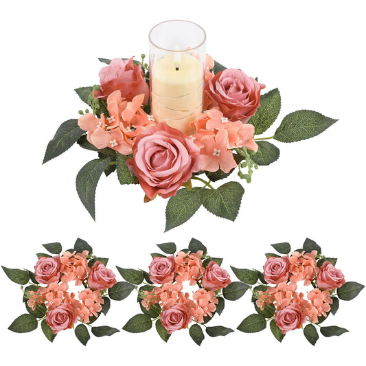 UUXX 4pcs Flower Candle Rings Wreaths, Silk Roses Hydrangea Artificial Flowers Candle Wreaths Rings for Table Centerpieces Wedding Valentine's Day Party Decor(Dusty Pink)