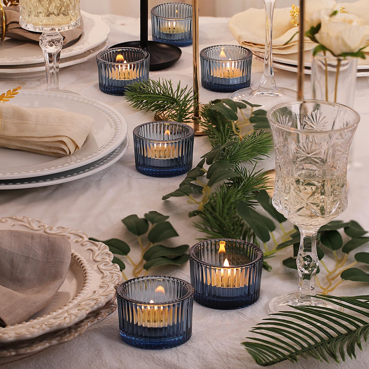 NITIME 30Pcs Blue Tealight Candle Holder, Ribbed Votive Candle Holders Glass with 32pcs Tea Light Candles for Wedding Decor, Home Decor and Party Decor
