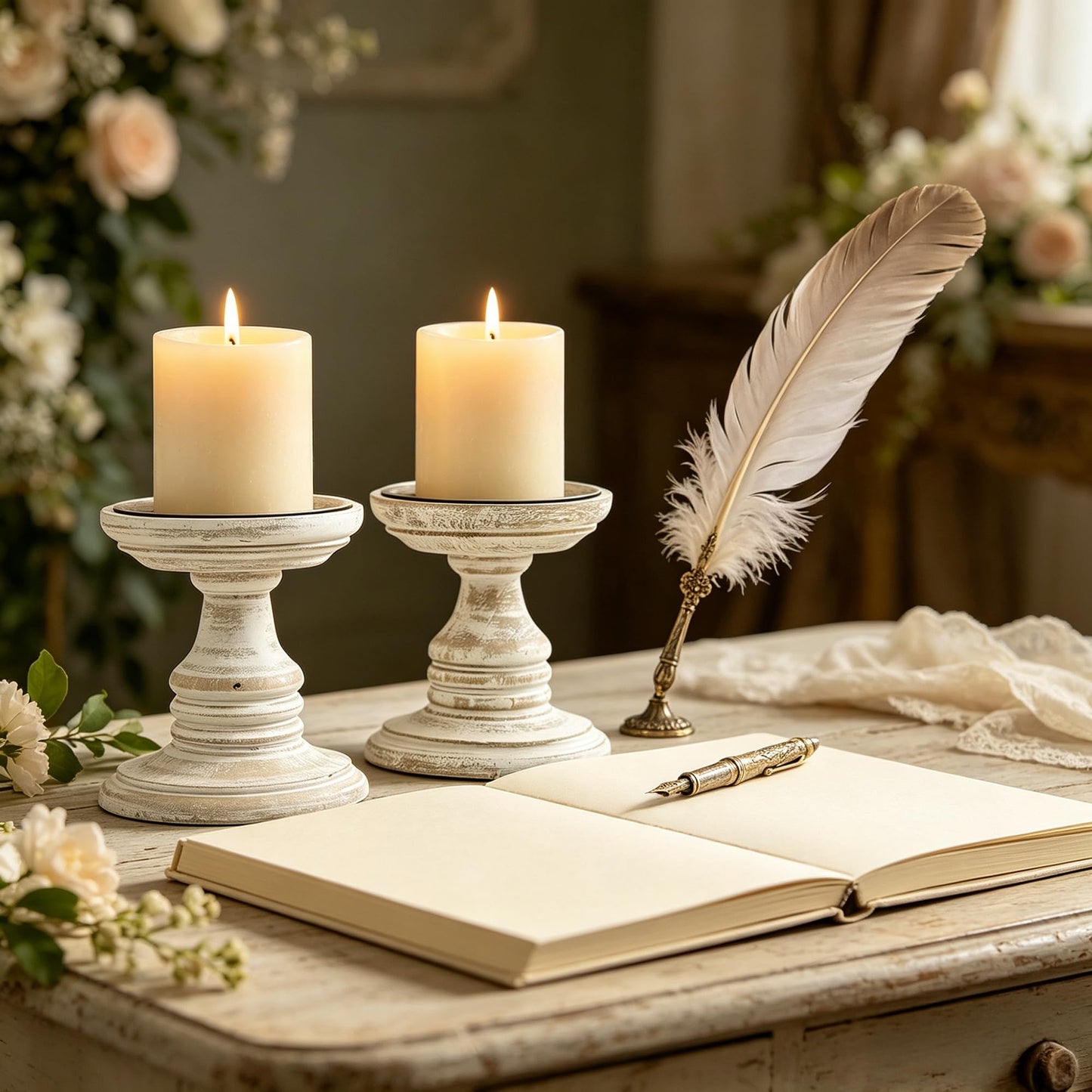 Hosley's Set of 2 White Wood Pillar Holders - 5" High. Ideal Gift for Weddings, Special Occasion, Spa, Aromatherapy Settings, Candle Gardens W1