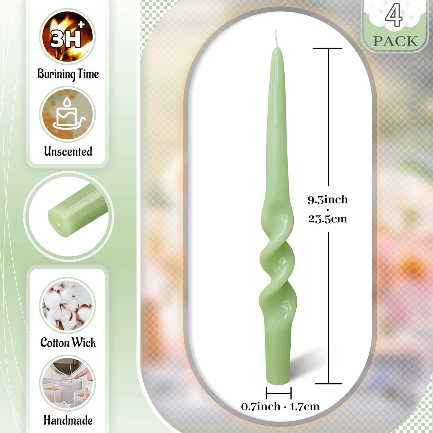 FLAMMUL Gradient Green Taper Candles 9.5 Inch Smokeless Spiral Candle Sticks Unscented Handmade Candlesticks for Seasons Home Decor 4 PCS