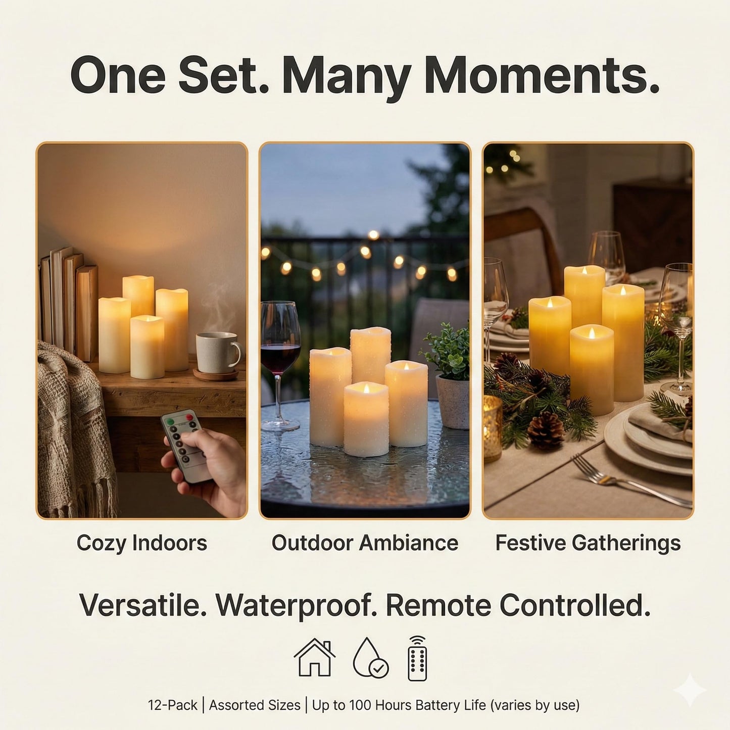 Set of 24 Slim Outdoor LED Candles, Battery Operated Flickering Fake Candles with 10-Key Timers for Patio & Porch Decor, 2.2 Inch Diameter Waterproof Resin Pillars for Large Events & Sconces (White)