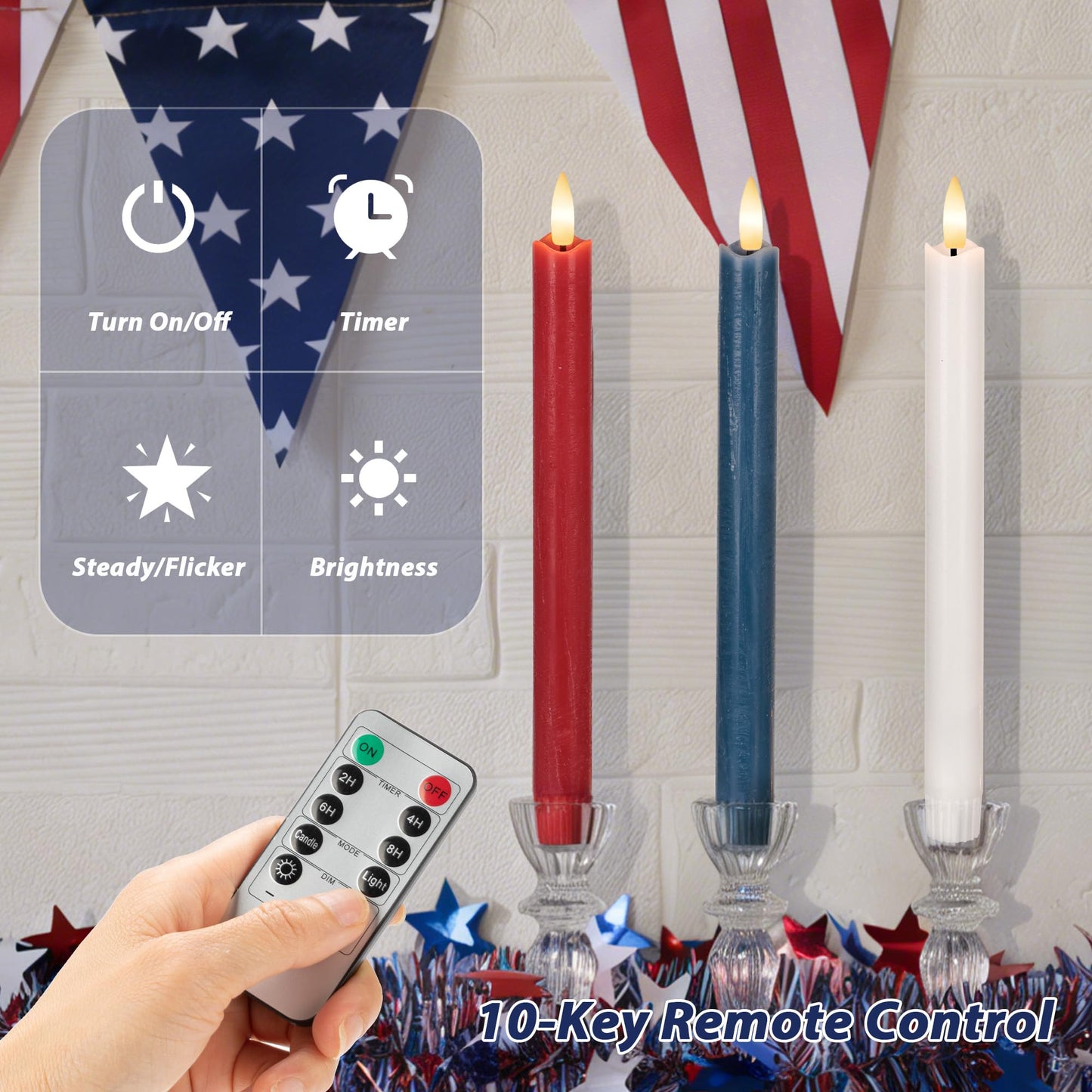Patriotic Flameless Candles with Remote and Timer, Real Wax Red White and Blue Candles for 4th of July Decorations, 250th Anniversary Battery Operated Candles for Independence Day Celebrations, 3Pack