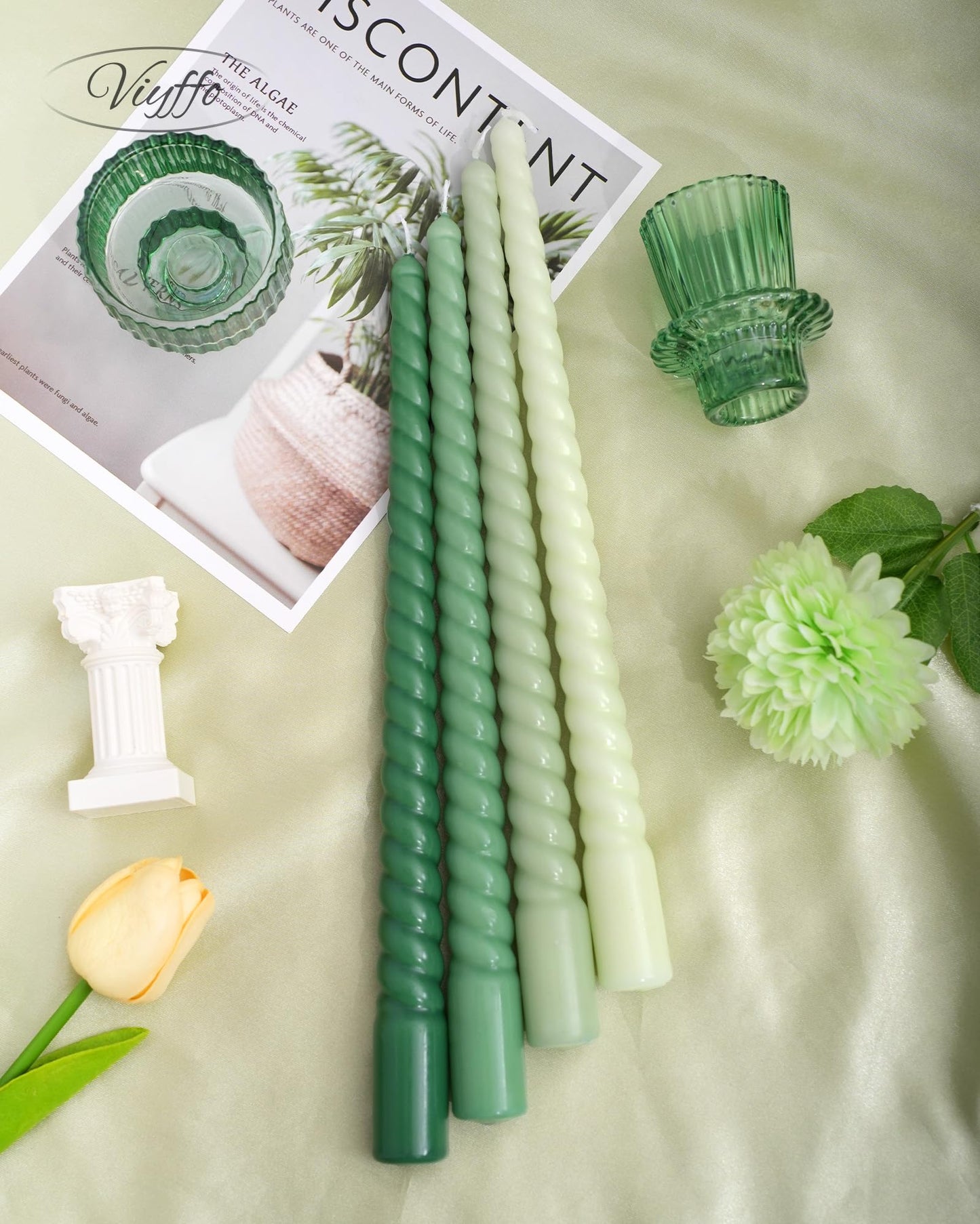 Viyffo Spiral Taper Candles 11 Inch – 4 Pack Green, Dripless, Unscented, Smokeless – 9 Hour Burn – Tall Candlesticks for Wedding, Dinner, Holiday, Party, Home Decor