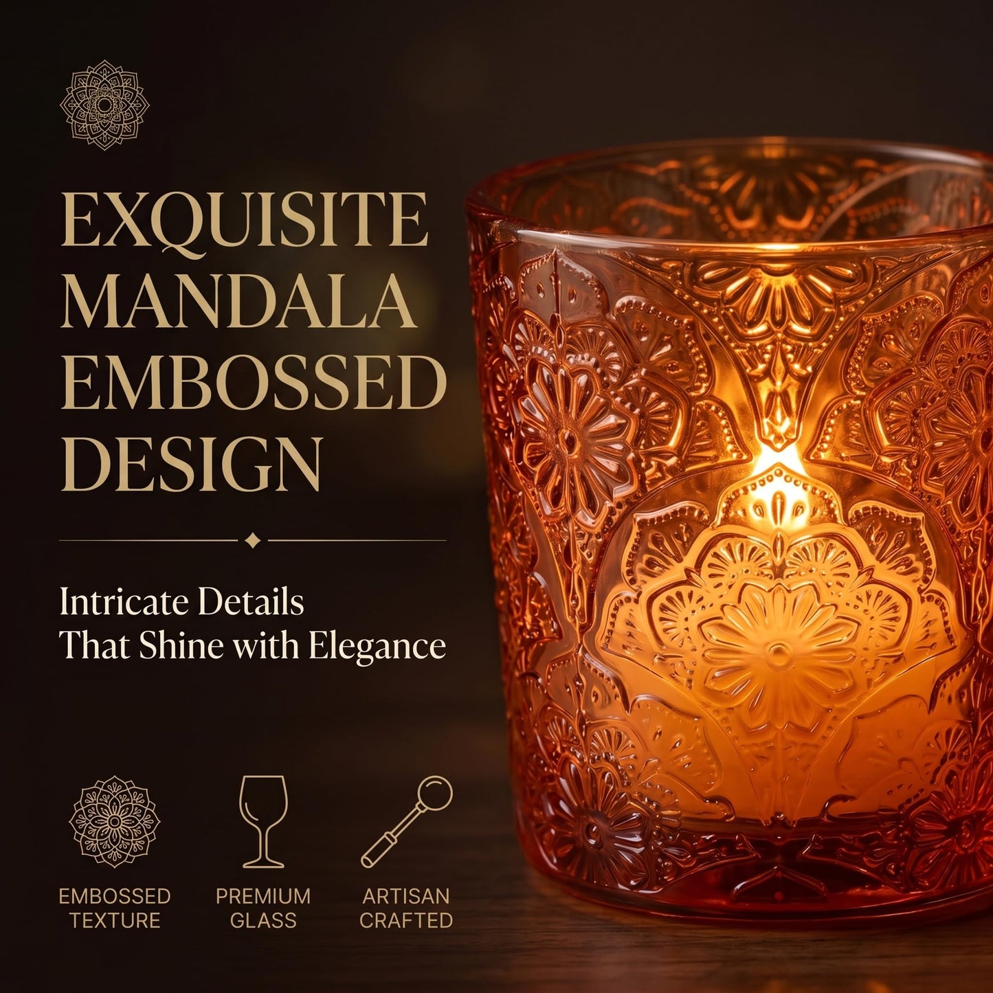 6 Pack Mandala Embossed Glass Candle Holders – Votive Tealight Holders with Patent Design, Decorative Embossed Glass Cups for Wedding Centerpieces, Parties, and Home Décor (Pumpkin Spice)