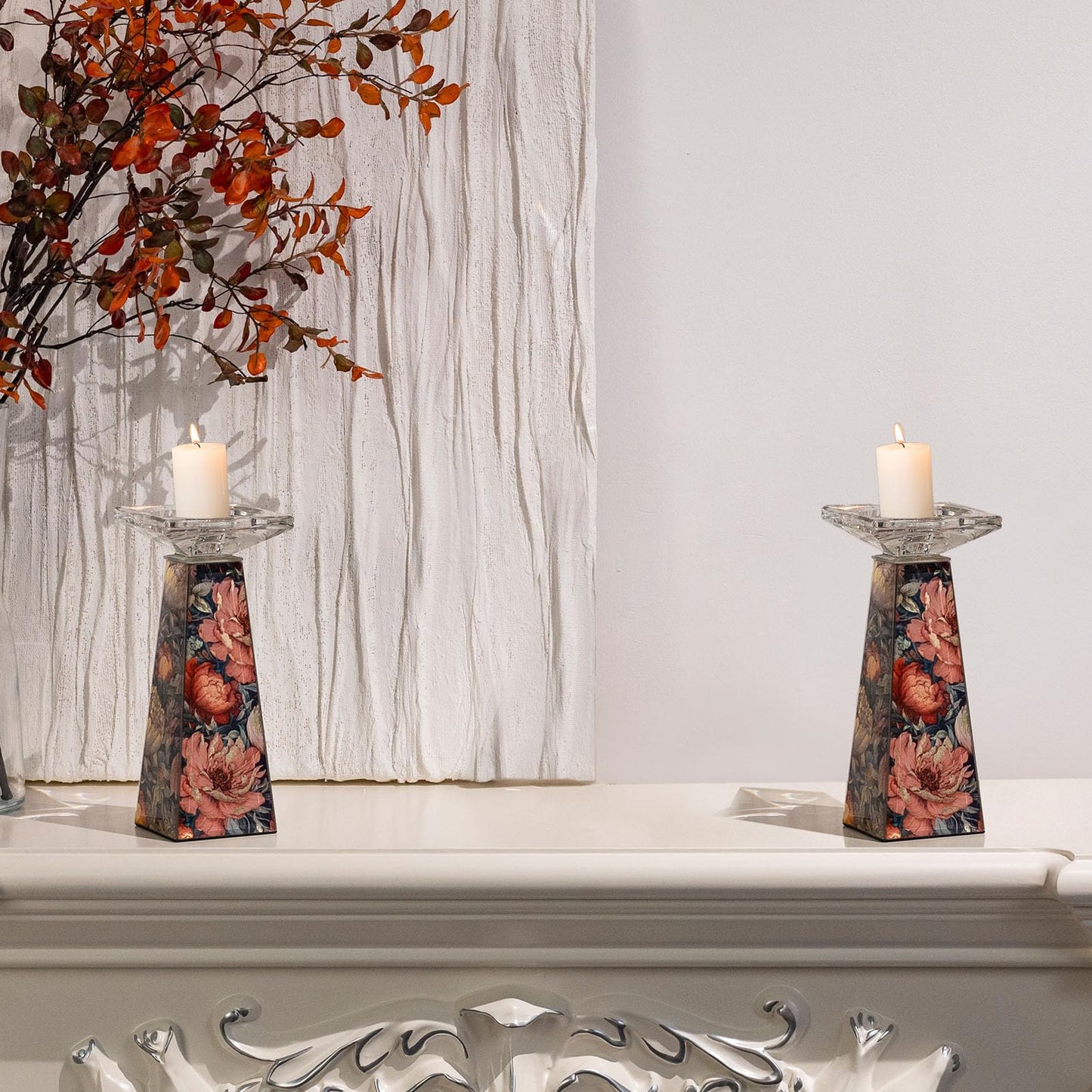 Timetrace Tall Glass Candlestick Holder with Floral Pattern,Candle Holder for Pillar, Single Piece Decorative Centerpiece for Living Room, Patio, Weddings - Decor for Dining Room