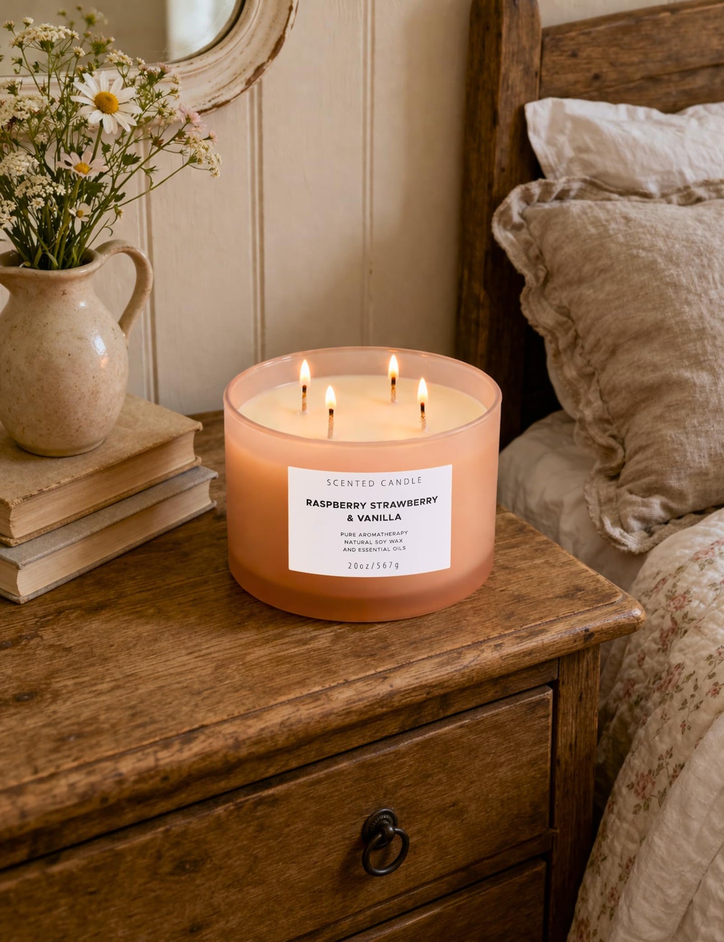 Raspberry Strawberry Vanilla Scented Candle | 4 Wick Extra Large Soy Candle 20 oz | Strong Scented Fruity Aromatherapy Candle for Women | Sweet Berry Vanilla Home Scent | Long Lasting Clean Burn