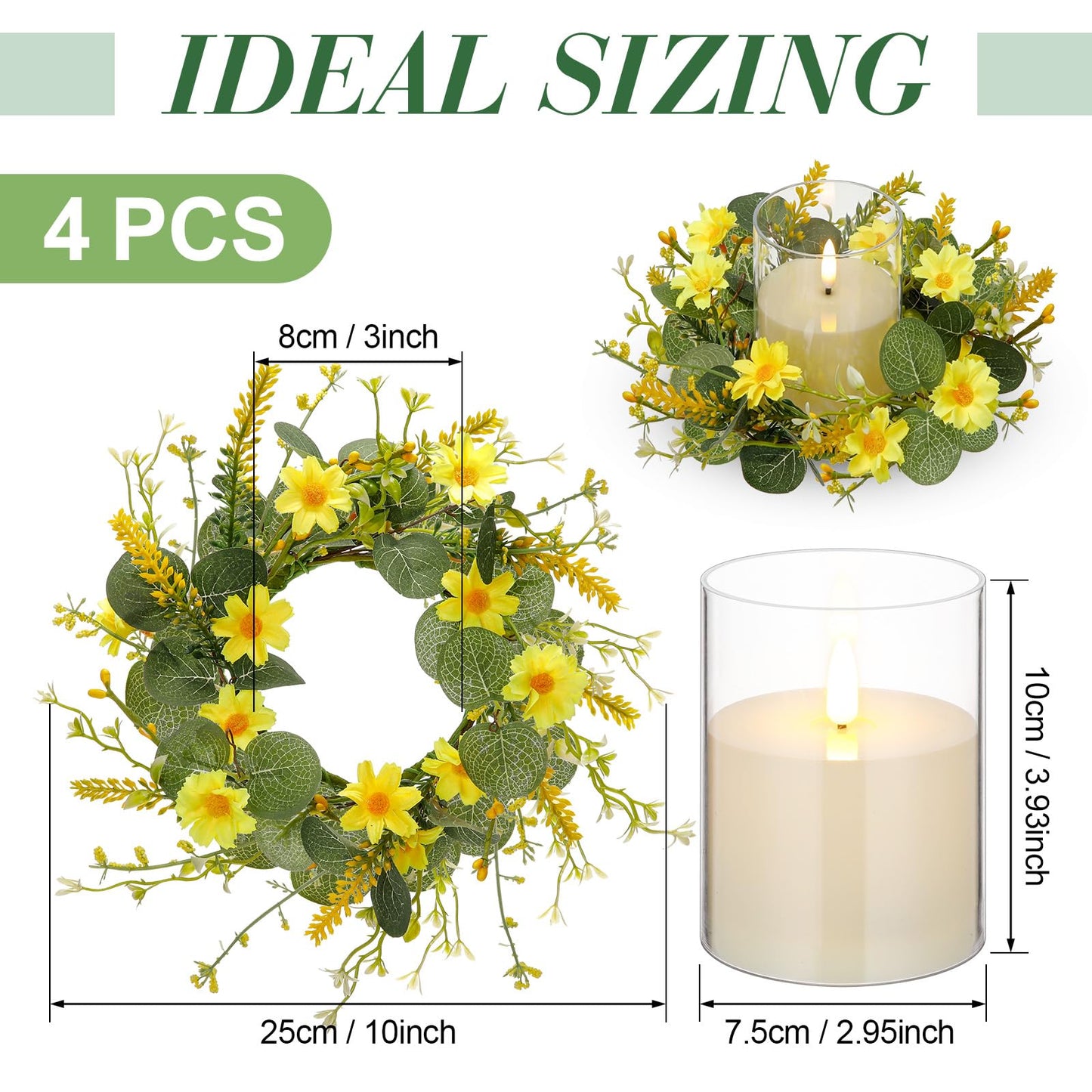 Yunlly 4 Pcs Artificial Daisy Candle Rings Wreaths, Yellow Flower Wreaths with Eucalyptus and Berry Greenery Garland with LED Flameless Candles for Spring Summer Easter Wedding Home Table Decor