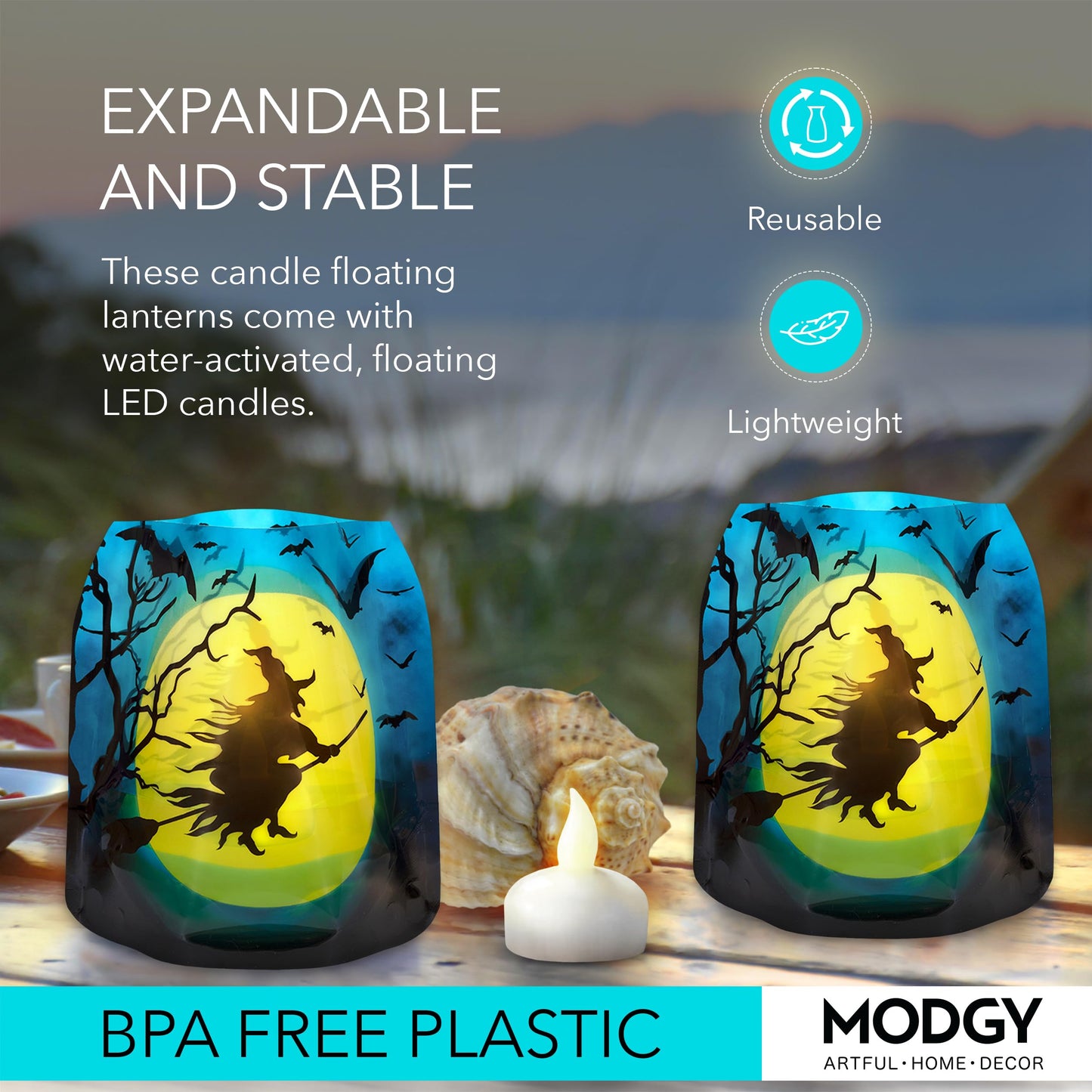 MODGY Luminary Lanterns Candle Holder Decorative Indoor Outdoor Decor, Lanterns for Wedding Centerpiece Decoration Outside Patio, with Flameless Floating LED Candles, WitchyWoman Pack of 2