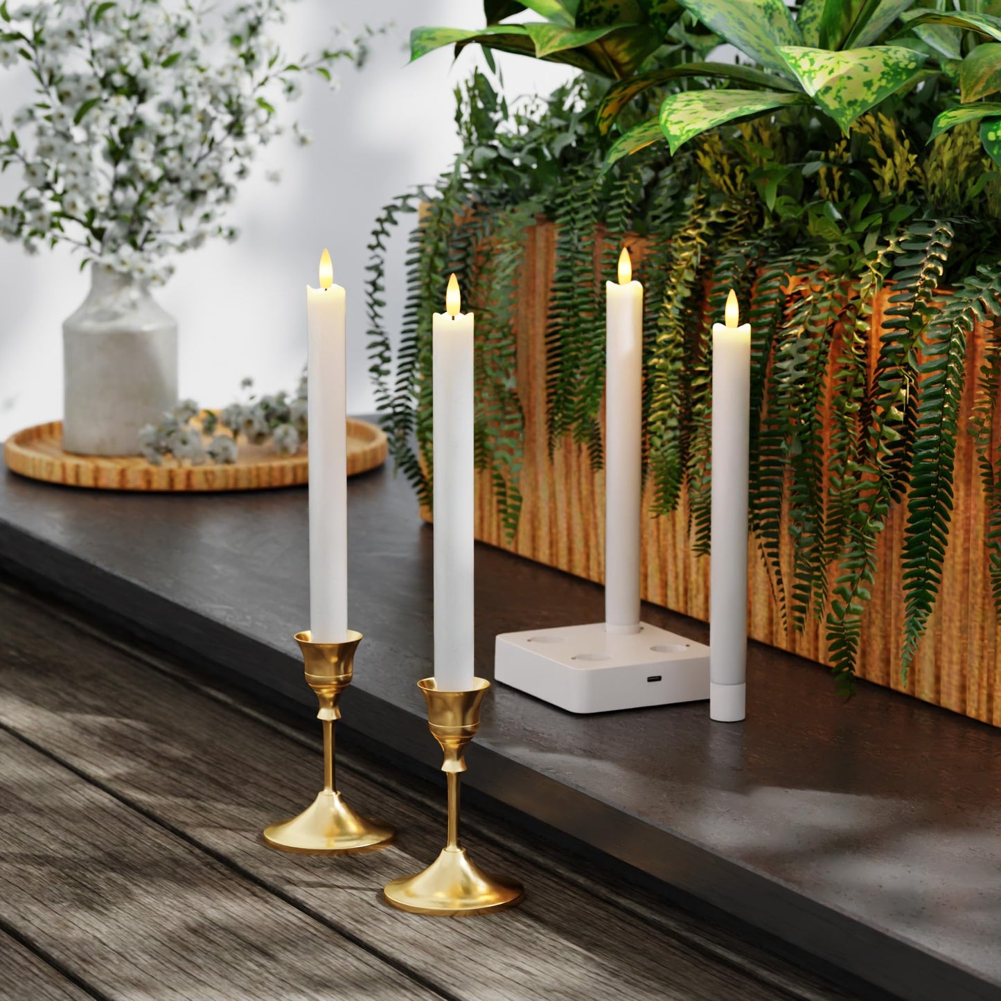 Rechargeable Flameless Taper Candles, Real Wax 9.6 Inch LED Candlesticks with Remote, flickering White Battery Operated Candles with Charging Station for Home, Holidays, Weddings, Party Decor, 4 Pack