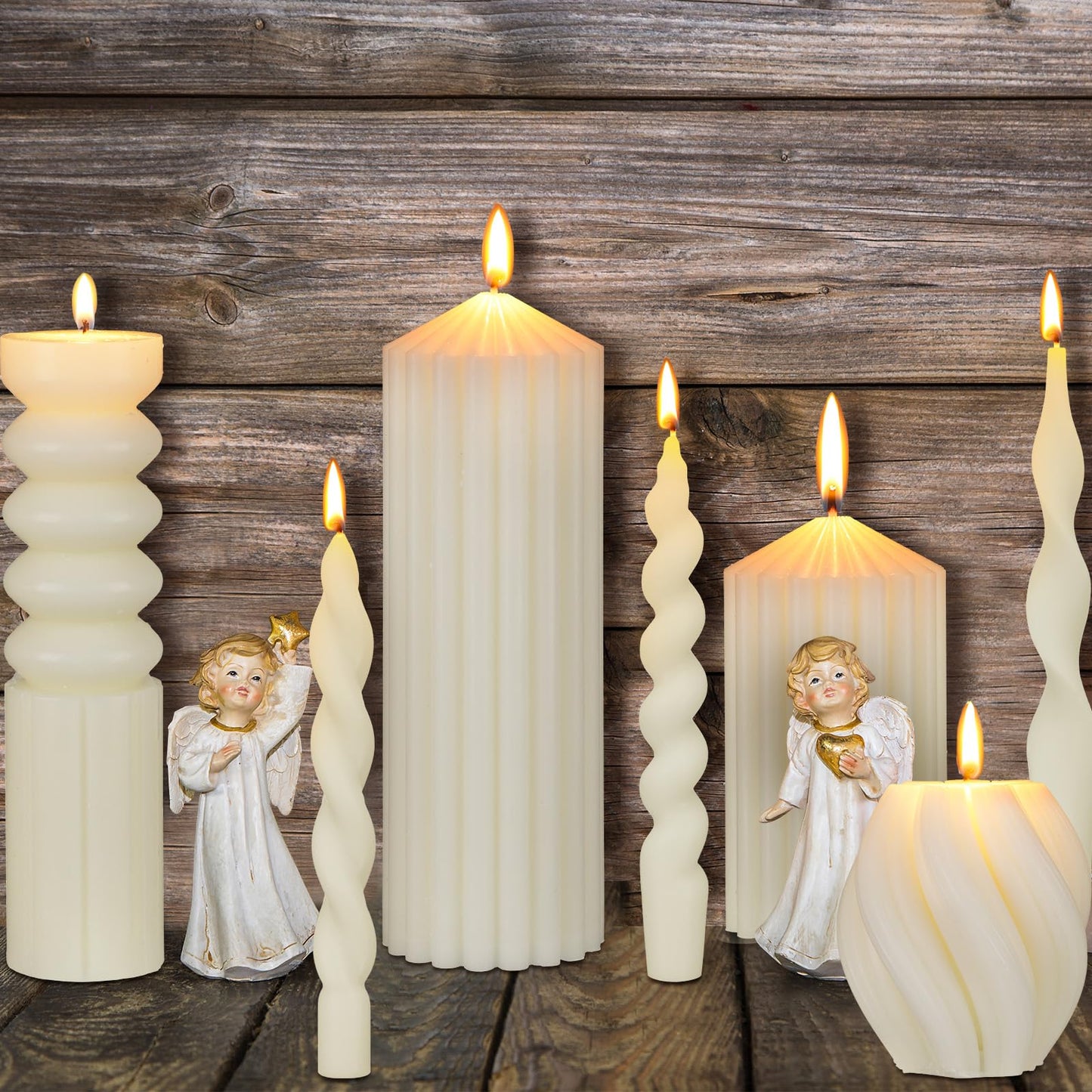 Nuanchu 9 Pcs Modern Decorative Candles Set 5 Pillar Aesthetic Ribbed Candles 4 Spiral Taper Twisted Candlesticks Scented Smokeless Soy Wax for Wedding Holiday Dinner Home Decorations(White)