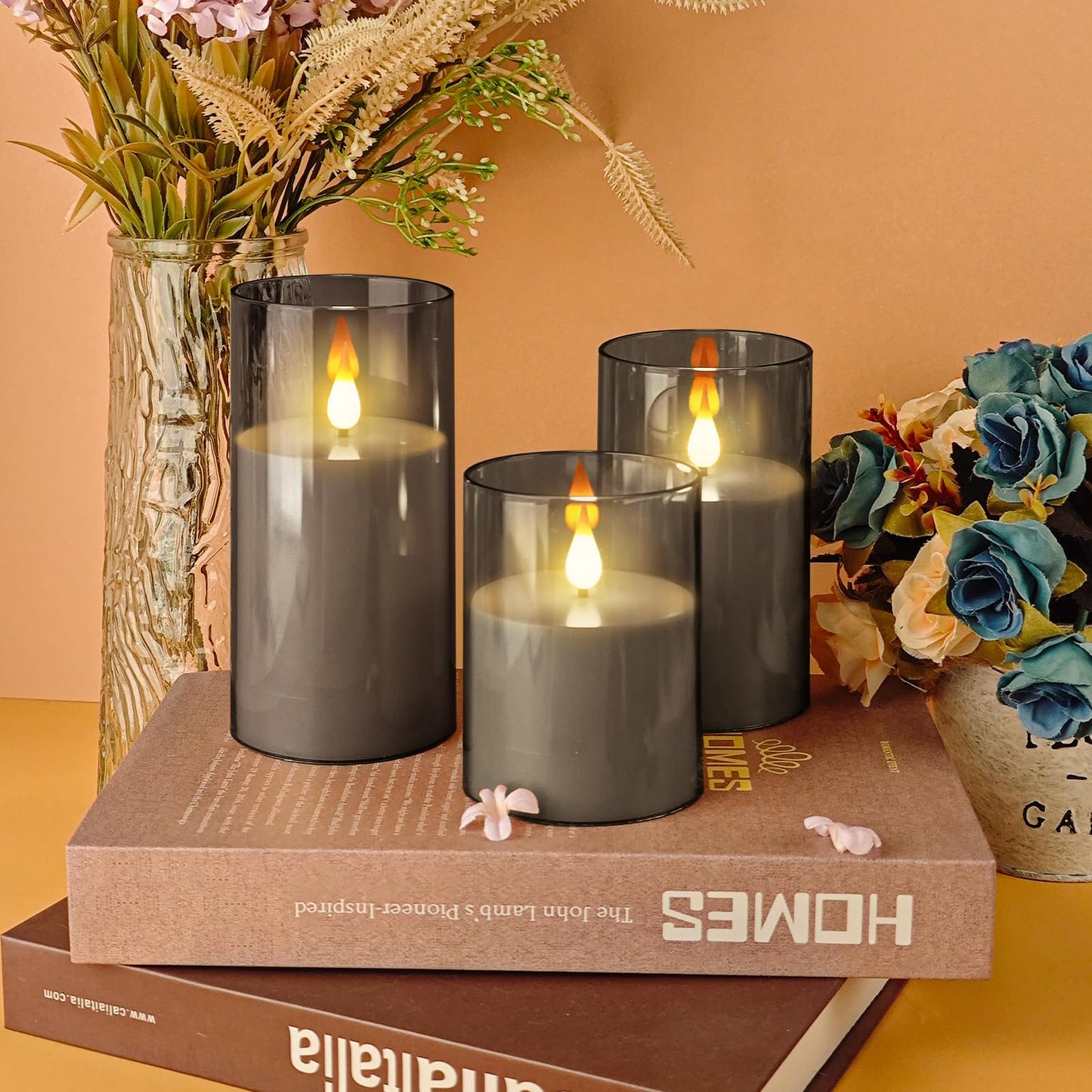 SUNGEGE Flameless Candles, 3-Pack Battery Operated Candles, 3x4/5/6 Inches, Gray, LED Flickering Light, Acrylic Material, Safe for Kids and Pets, Perfect for Home Décor, Events, and Holiday Occasions