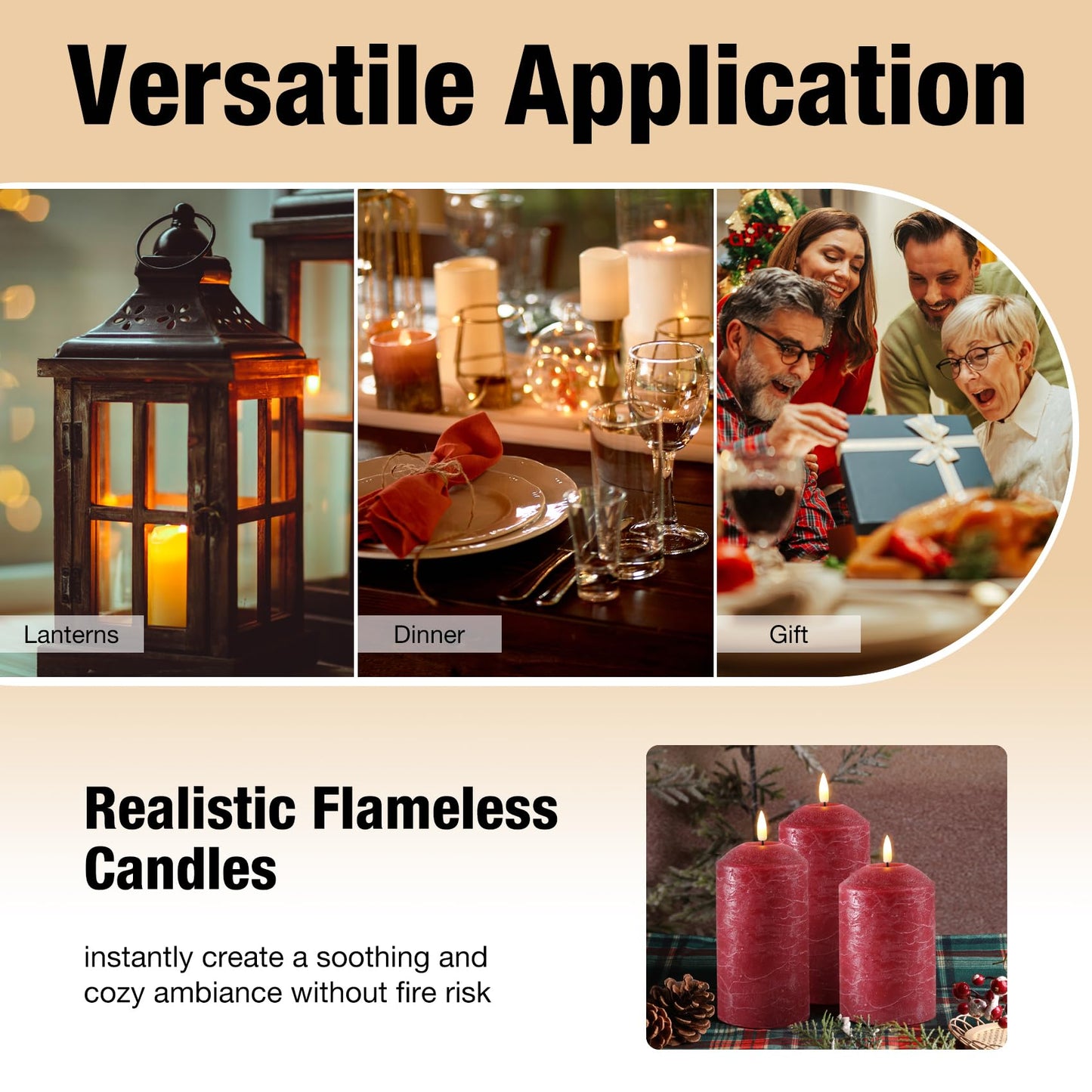 Eywamage Red Flameless Pillar Candles with Remote, Christmas LED Candles Battery Powered Flickering Real Wax Set of 3