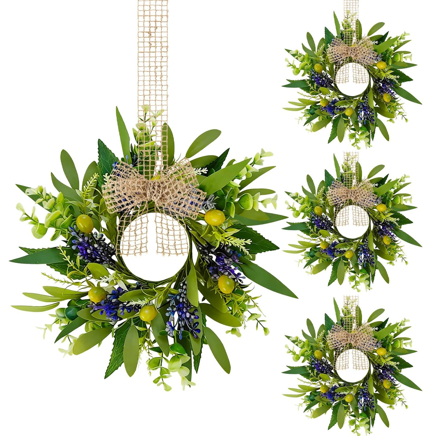 4 PCS Green Eucalyptus Olive Swag Wreaths for Pillars Spring Summer Greenery Kitchen Cabinet Wreaths Mini Green Boxwood Leaves Wreath with Ribbon for Front Door Porch Wall Window Farmhouse Decoration